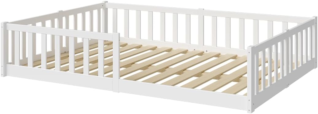 Bellabino Vere Bodenbett 140x200 cm – Montessori Kinderbett mit Rausfallschutz & Lattenrost – Massives Kinder Bett für Jungen & Mädchen aus Holz Kiefer – Kleinkindbett in Weiß