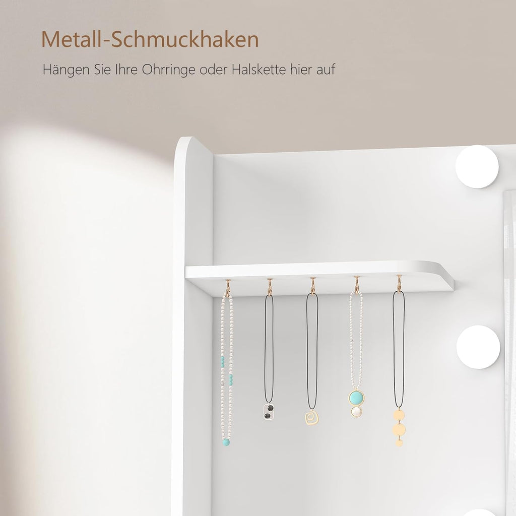 TEENFON Große Schminktisch mit verstellbaren LED-Beleuchtung und Steckdosen, Schminktisch mit Spiegel, 7 Schubladen, 4 offenen Ablagen und 5 Schmuckhaken für das Schlafzimmer, Weiß