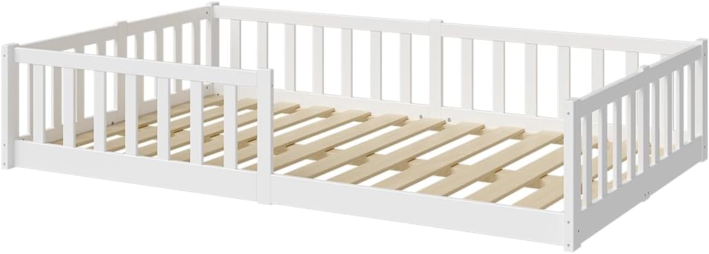 Bellabino Vere Bodenbett 120x200 cm – Montessori Kinderbett mit Rausfallschutz & Lattenrost, Massives Boden Bett für Jungen & Mädchen aus Holz Kiefer – Kleinkindbett in Weiß