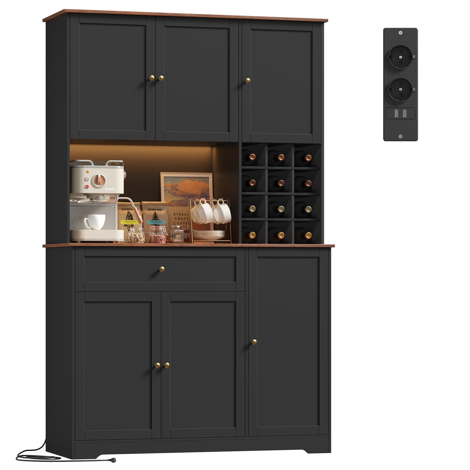 FirFurd Küchenschrank 180cm Buffetschrank mit LED Sideboard für Küche mit Steckdosenleiste Küchenschrank mit Arbeitsplatte & Weinregal für 12 Flaschen Küchenbuffet Küchenmöbel 180x100x39cm weiß