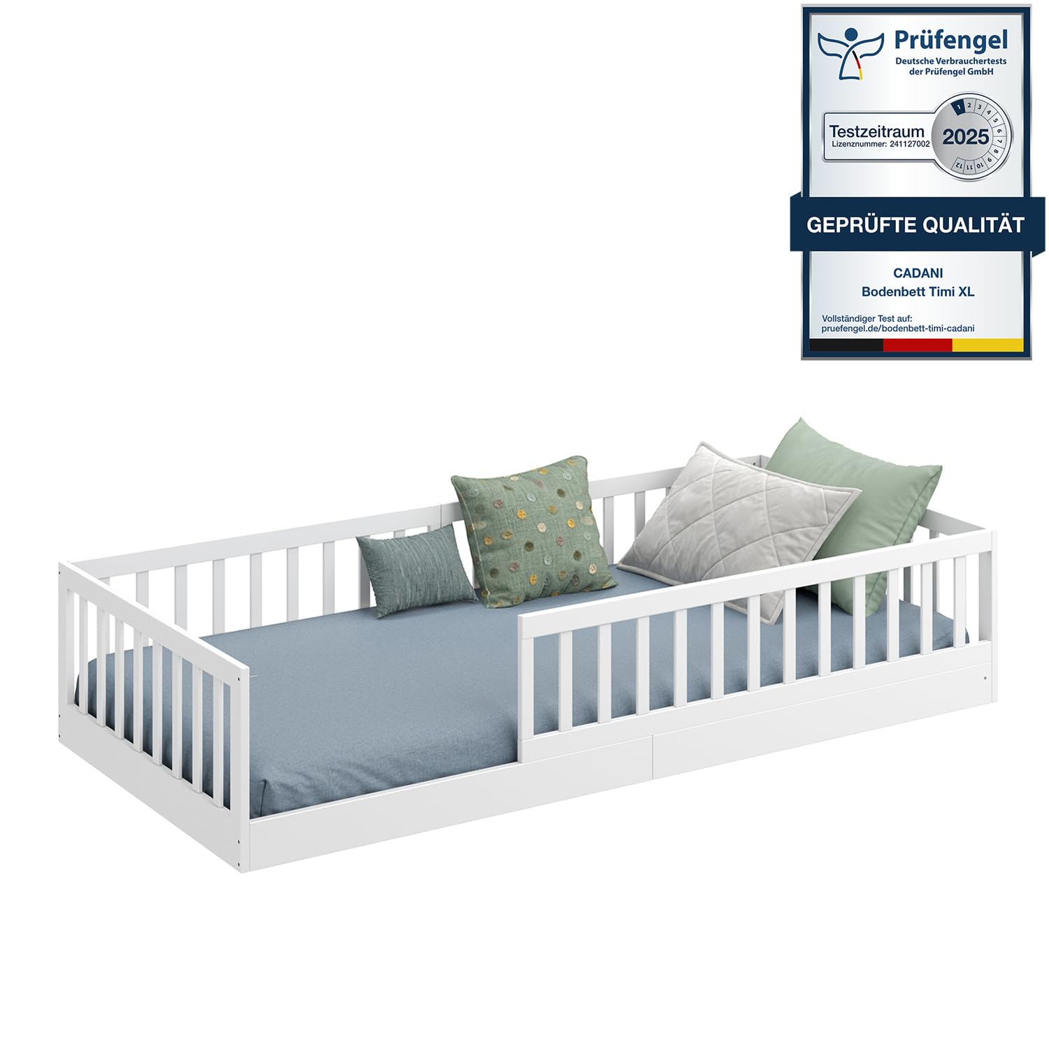 CADANI Timi Kinderbett 120x200 cm Bodenbett, Rausfallschutz abnehmbar, bis 200 kg belastbar, Roll-Lattenrost, Montessori Kiefer Massivholz Bett, 3 Aufbauvarianten, Umbaubar, Weiß