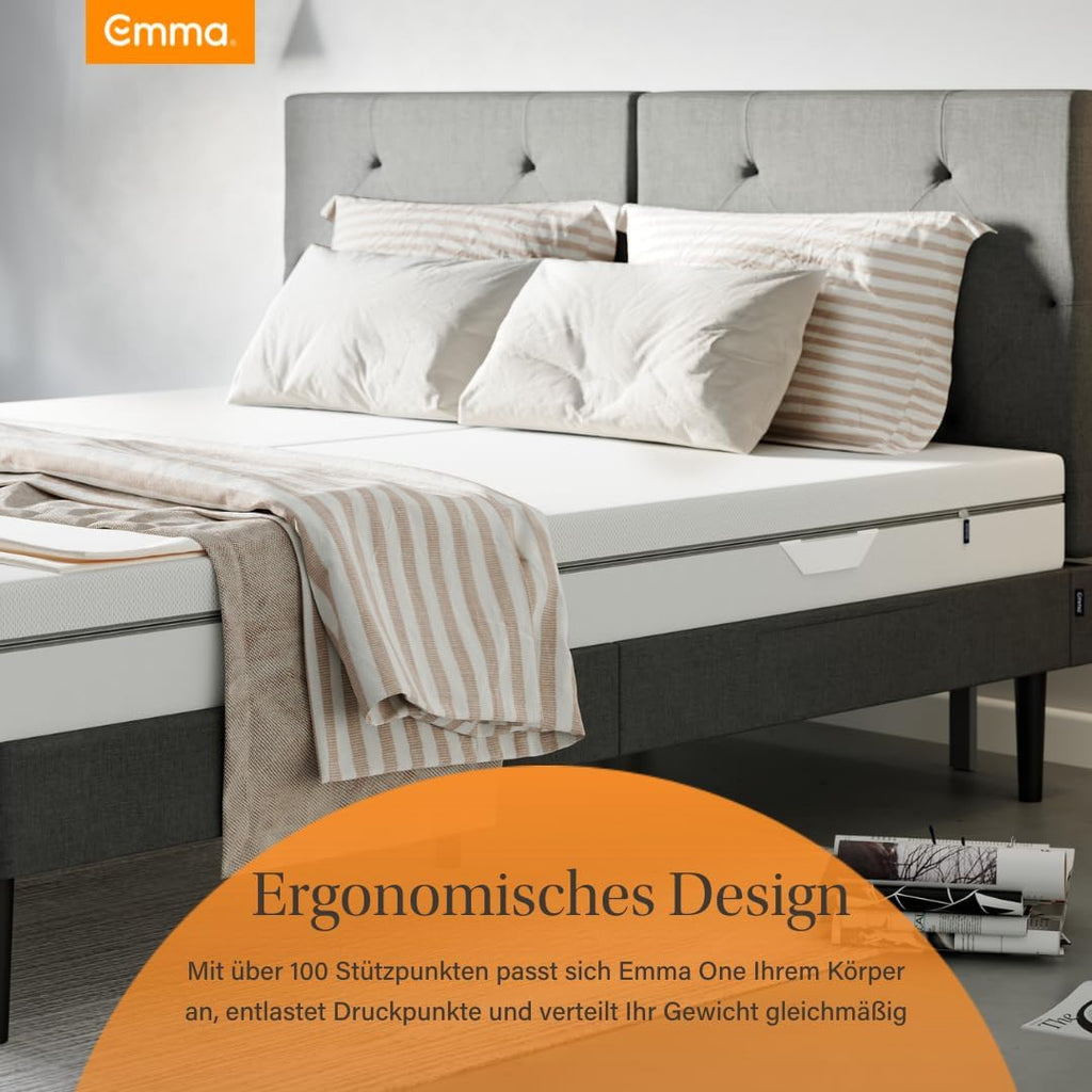 Emma One Matratze, Kaltschaummatratze, 90x200 cm, H2 Härtegrad Mittelhart, 18 cm Höhe, 3-Zonen-Stützung, Atmungsaktiver & Waschbarer Bezug