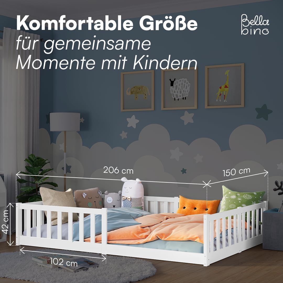 Bellabino Vere Bodenbett 140x200 cm – Montessori Kinderbett mit Rausfallschutz & Lattenrost – Massives Kinder Bett für Jungen & Mädchen aus Holz Kiefer – Kleinkindbett in Weiß