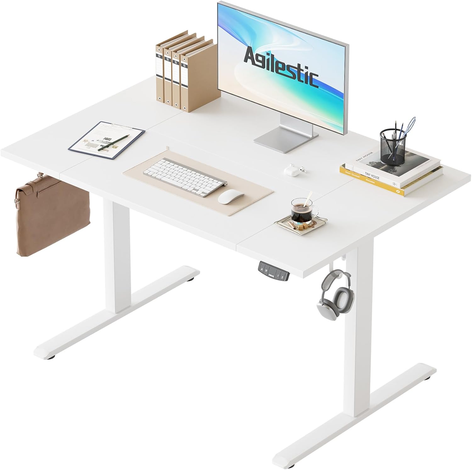 Agilestic Elektrisch Höhenverstellbarer Schreibtisch 120x80 cm, Sitz-Steh Stehpult mit Memory-Funktion, Höhenverstellbarer Computertisch, Gaming-Schreibtisch mit Vierteiliger Tischplatte,Weiß