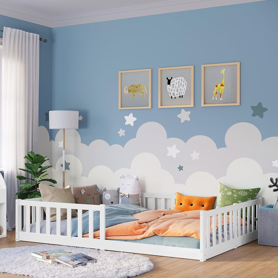 Bellabino Vere Bodenbett 140x200 cm – Montessori Kinderbett mit Rausfallschutz & Lattenrost – Massives Kinder Bett für Jungen & Mädchen aus Holz Kiefer – Kleinkindbett in Weiß