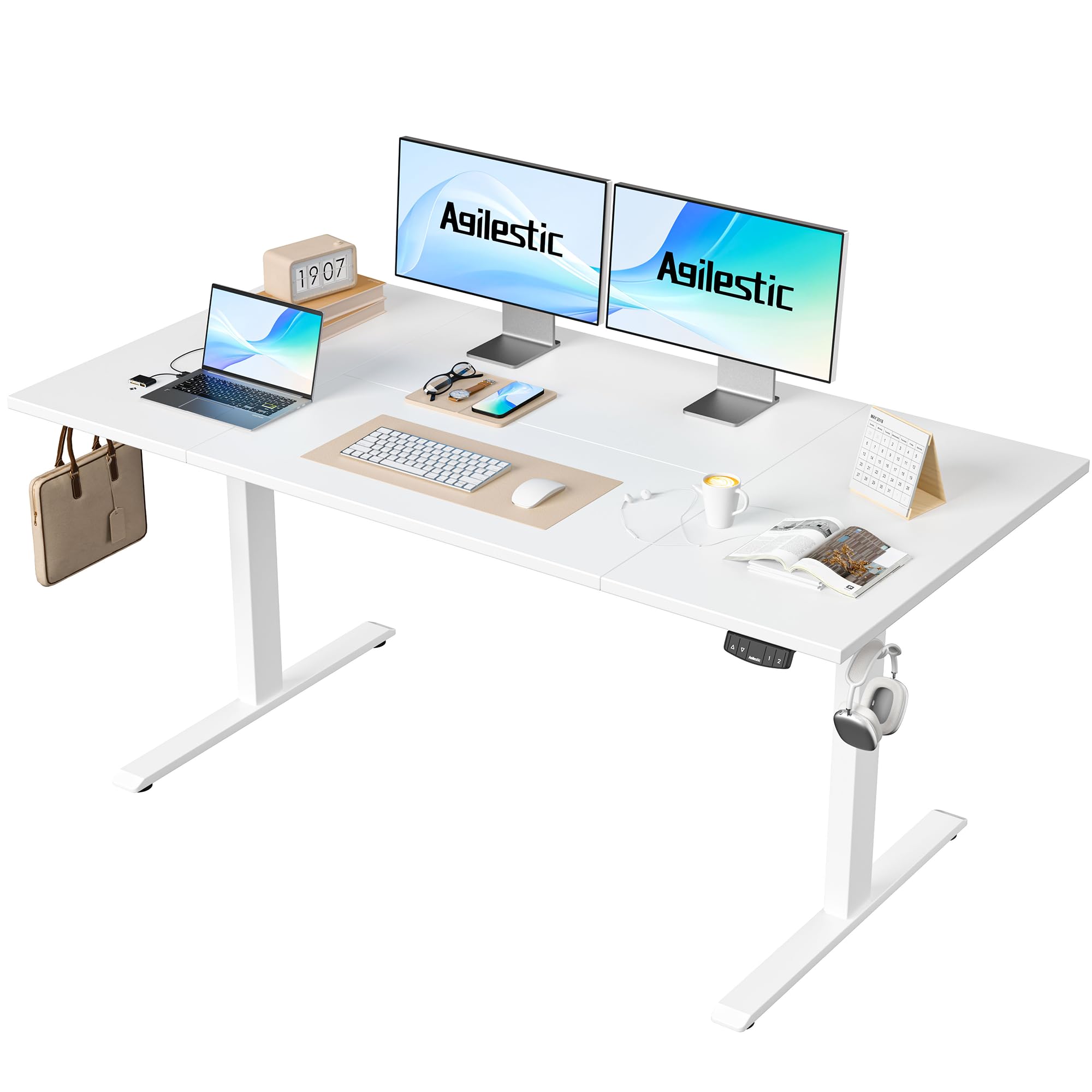 Agilestic Elektrisch Höhenverstellbarer Schreibtisch 120x80 cm, Sitz-Steh Stehpult mit Memory-Funktion, Höhenverstellbarer Computertisch, Gaming-Schreibtisch mit Vierteiliger Tischplatte,Weiß