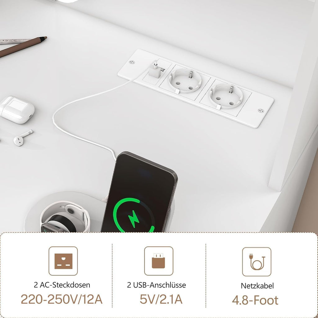 TEENFON Große Schminktisch mit verstellbaren LED-Beleuchtung und Steckdosen, Schminktisch mit Spiegel, 7 Schubladen, 4 offenen Ablagen und 5 Schmuckhaken für das Schlafzimmer, Weiß