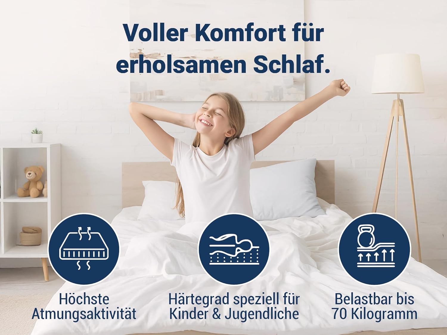 Betten-ABC - Matratze für Kinder & Jugendliche - 140x200 cm - Spezieller Härtegrad & Oeko-TEX-Zertifiziert - Optimale Hygiene Dank abnehmbarem & waschbarem Polyester-Bezug - Lieferung per Paket