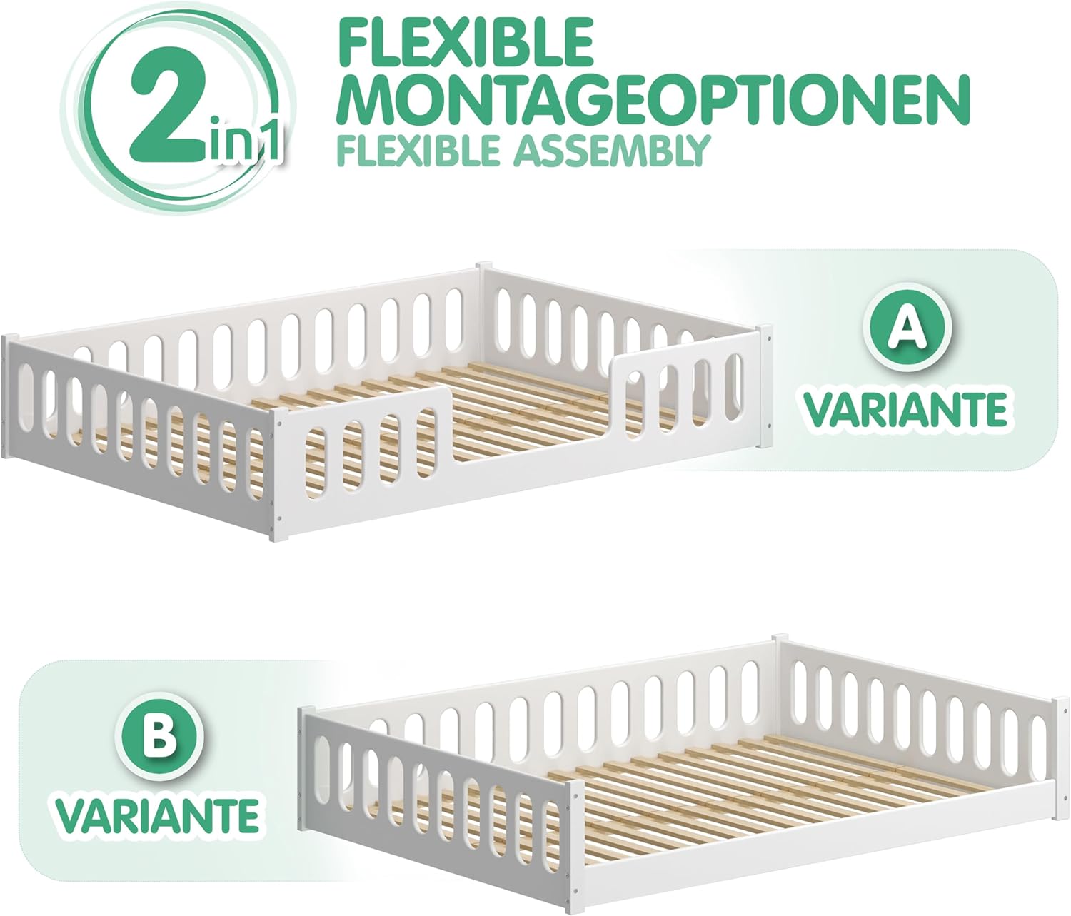 CADANI Monte 2in1 Bodenbett 140x200 cm Montessori Kinderbett Rausfallschutz abnehmbar - weiß, 46 kg schwer, bis 200 kg belastbar, extra starker Roll-Lattenrost, umbaubar