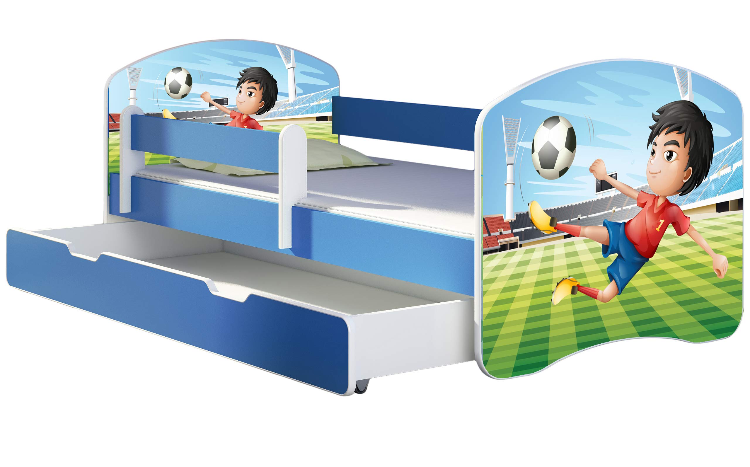 ACMA Kinderbett Jugendbett mit Einer Schublade und Matratze Blau mit Rausfallschutz Lattenrost II 140x70 160x80 180x80 (36 Feuerwehr, 160x80)