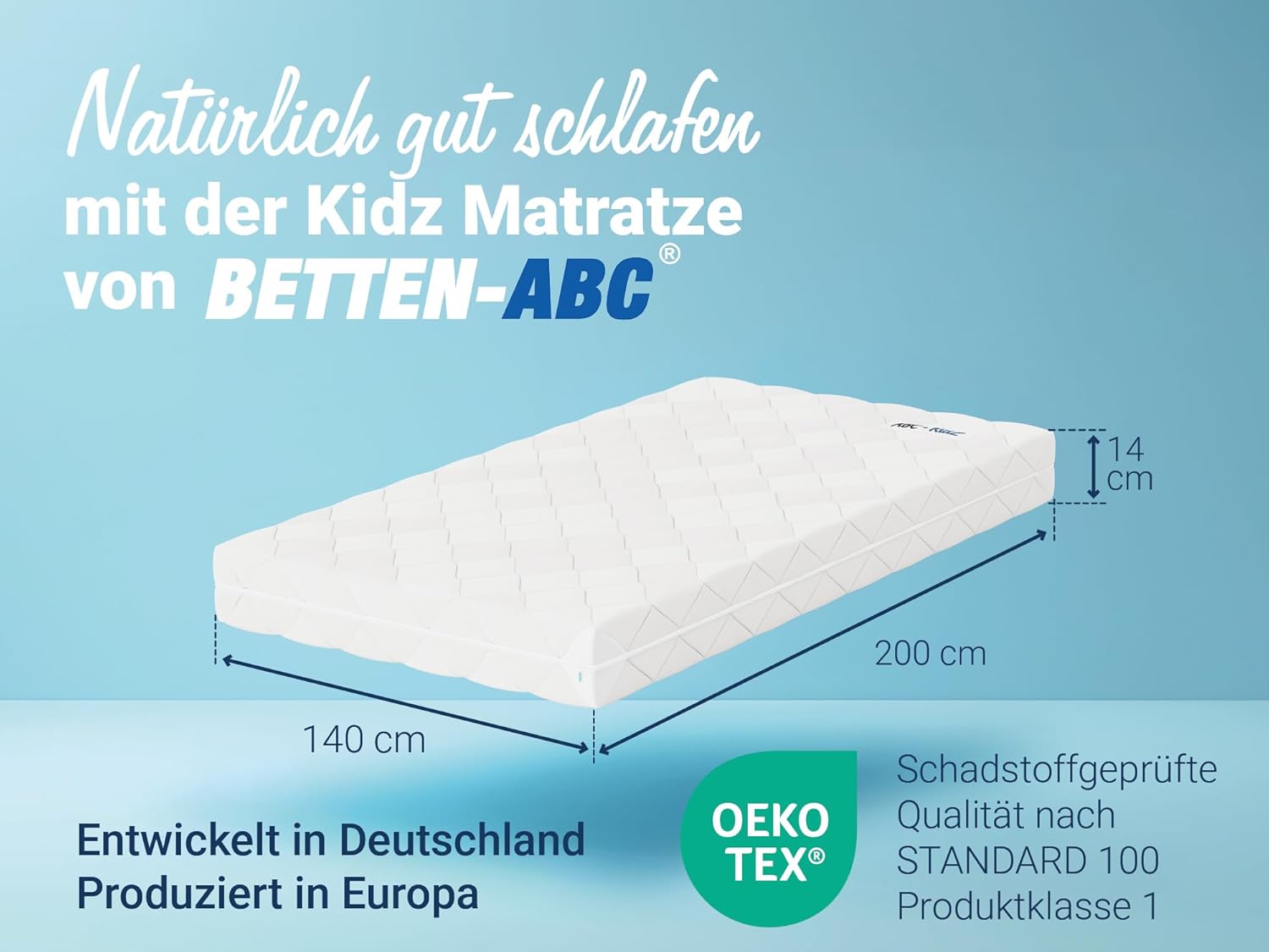 Betten-ABC - Matratze für Kinder & Jugendliche - 140x200 cm - Spezieller Härtegrad & Oeko-TEX-Zertifiziert - Optimale Hygiene Dank abnehmbarem & waschbarem Polyester-Bezug - Lieferung per Paket