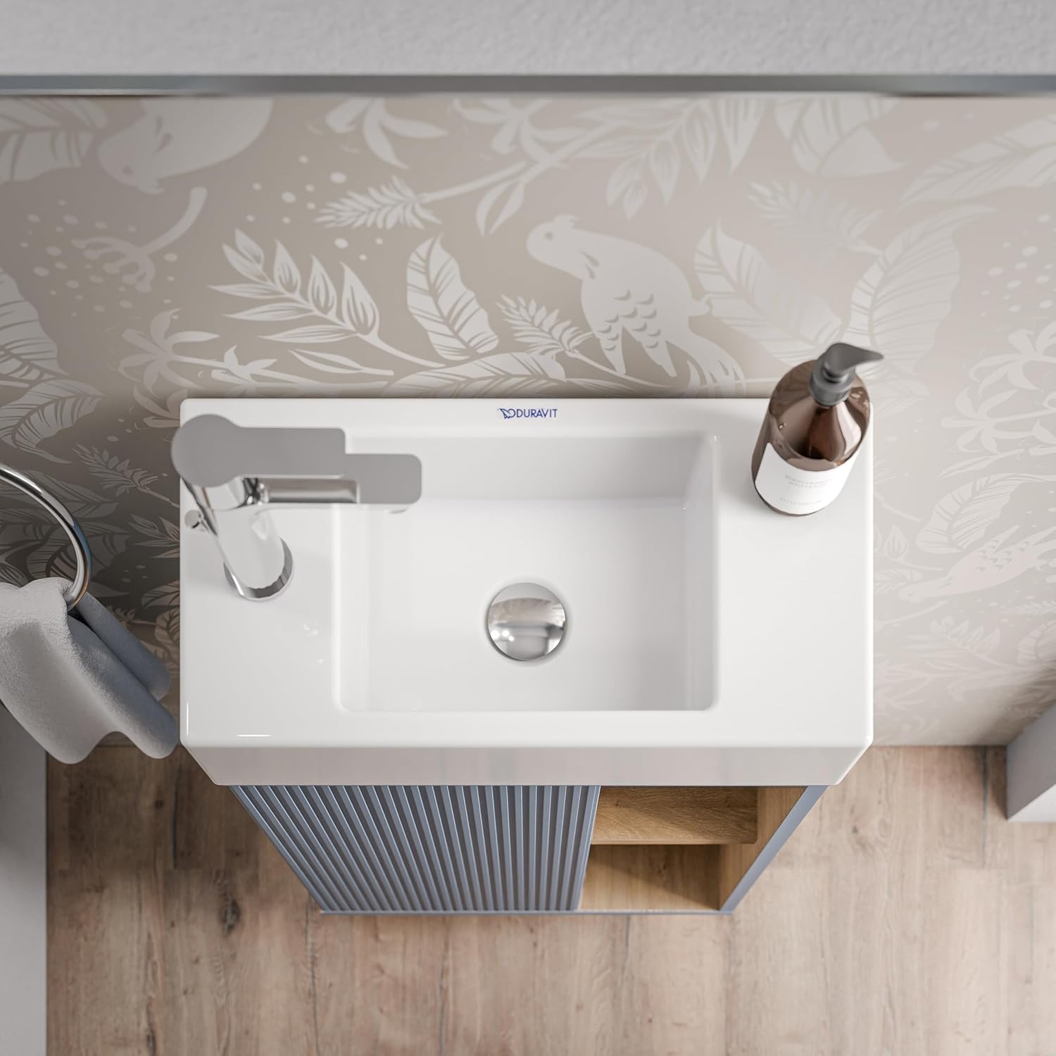 BERNSTEIN Kleines Badmöbelset BELDIVO in Azurblau - 50 x 24,3 x 60 cm - Waschtischunterschrank mit Duravit Keramik-Waschbecken, Türanschlag Links, Push-to-Open - Vormontiert - 5 Jahren Garantie