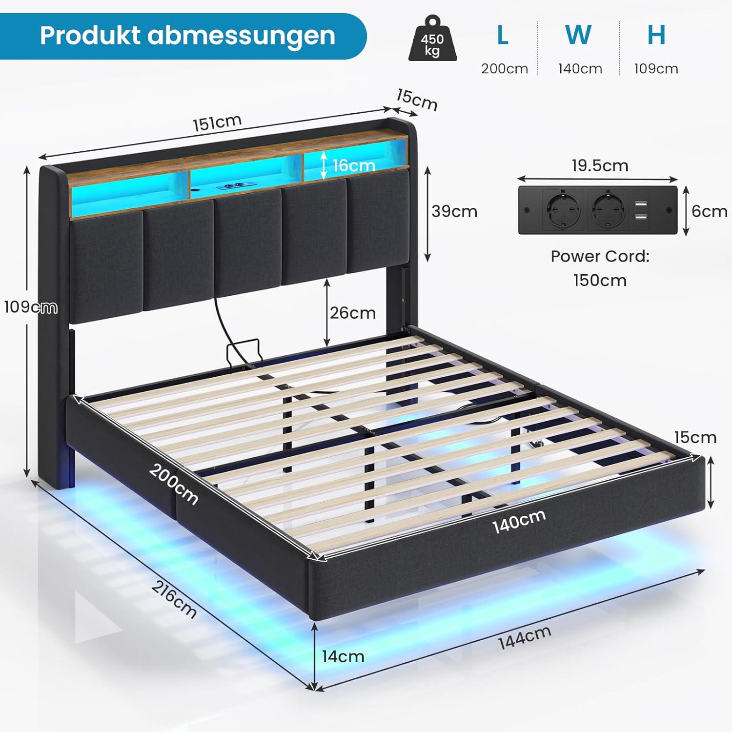 Polsterbett 140x200 cm Schwebebett mit LED-Beleuchtung, Kopfteil und Ladestation(2 AC-Steckdosen, 2 USB-Anschlüsse), Bett 140x200 mit Stauraum, Modern Doppelbett mit lattenrost, Leinen, Grau