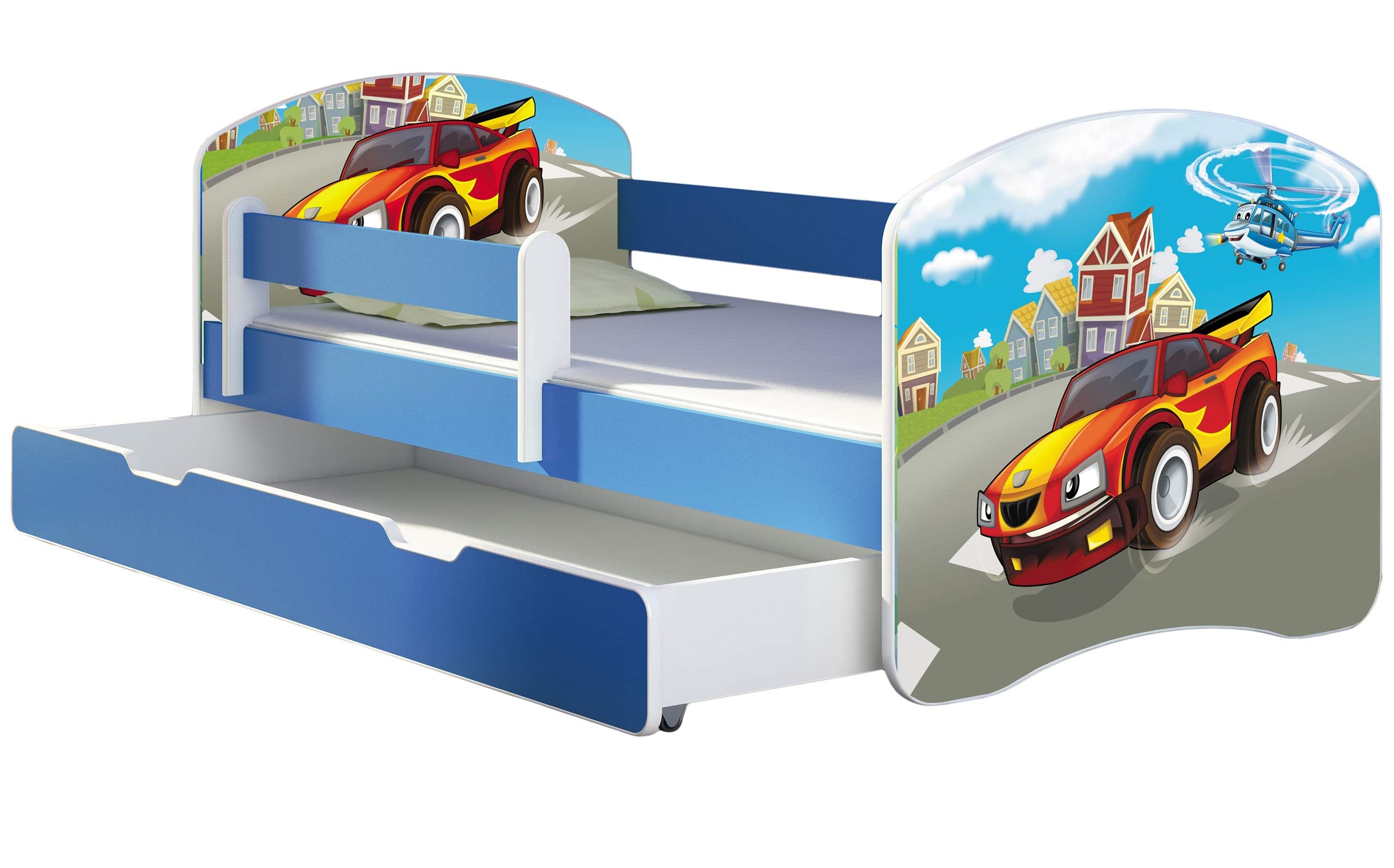 ACMA Kinderbett Jugendbett mit Einer Schublade und Matratze Blau mit Rausfallschutz Lattenrost II 140x70 160x80 180x80 (36 Feuerwehr, 160x80)