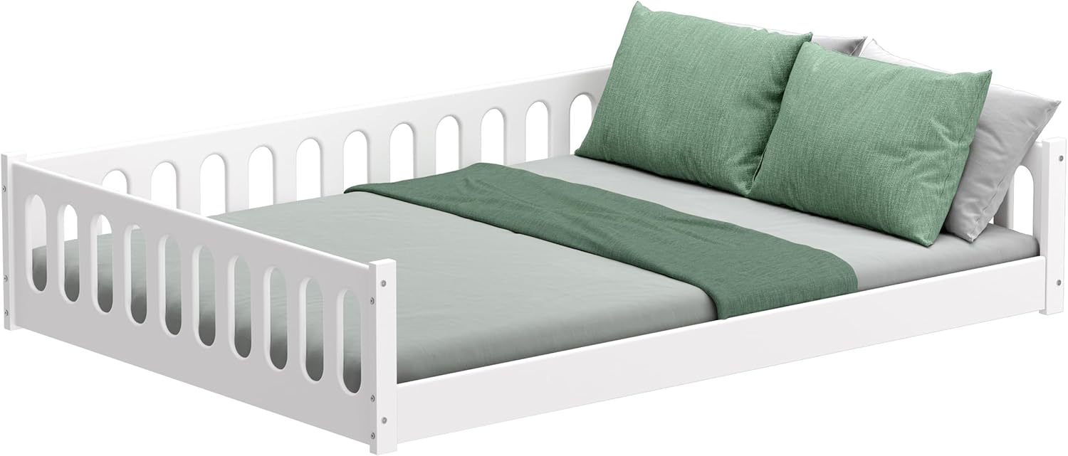 CADANI Monte 2in1 Bodenbett 140x200 cm Montessori Kinderbett Rausfallschutz abnehmbar - weiß, 46 kg schwer, bis 200 kg belastbar, extra starker Roll-Lattenrost, umbaubar