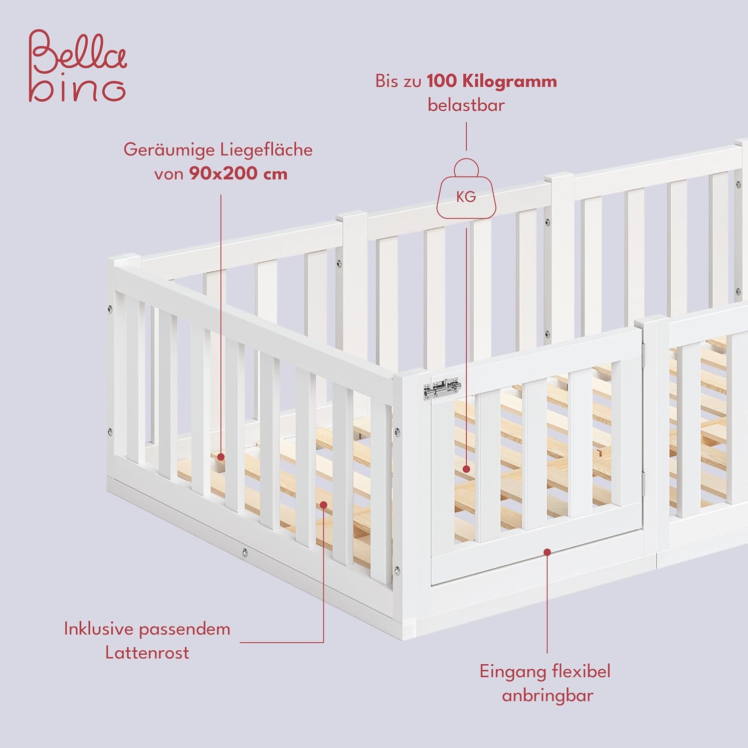 Bellabino Tapi Bett 90x200 cm, Kinderbett mit Rausfallschutz und Tür, inklusive Lattenrost, Montessori Bodenbett für Jungen und Mädchen aus Kiefer Massivholz, weiß lackiert, Bed