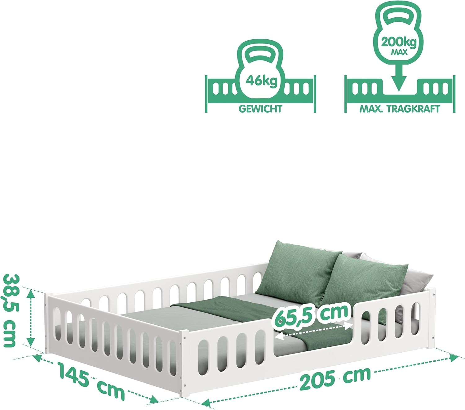 CADANI Monte 2in1 Bodenbett 140x200 cm Montessori Kinderbett Rausfallschutz abnehmbar - weiß, 46 kg schwer, bis 200 kg belastbar, extra starker Roll-Lattenrost, umbaubar
