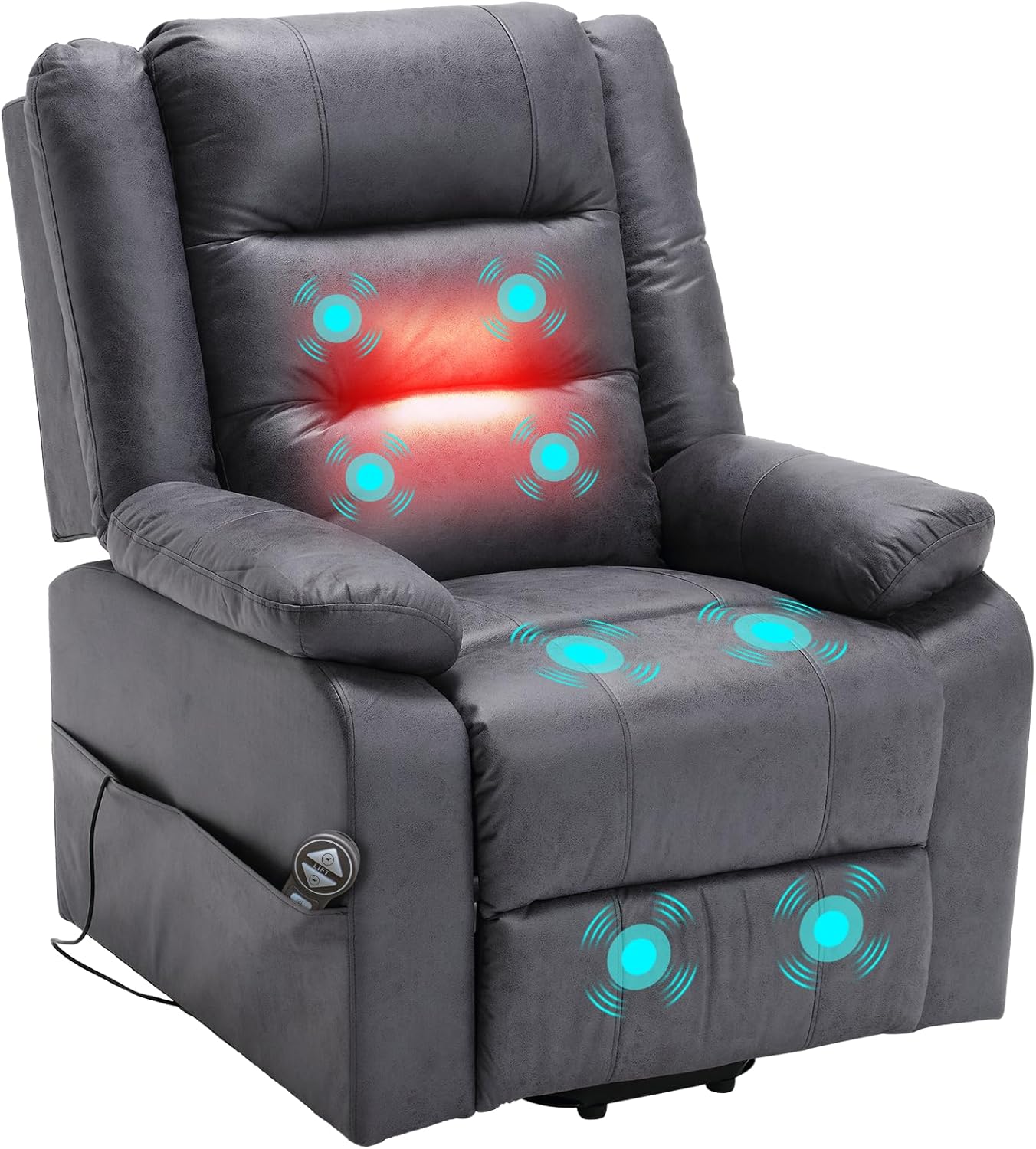 Elektrischer Fernsehsessel mit aufstehhilfe, Relaxsessel Massagesessel mit Wärmefunktion, Liegefunktion, Fernbedienung Verstellbar, Schlaffunktion und Fußteil, bis 220kg,Dunkel Grau Flockleder