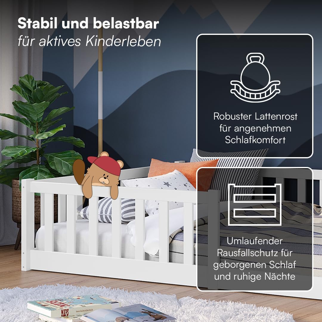 Bellabino Vere Bodenbett 120x200 cm – Montessori Kinderbett mit Rausfallschutz & Lattenrost, Massives Boden Bett für Jungen & Mädchen aus Holz Kiefer – Kleinkindbett in Weiß