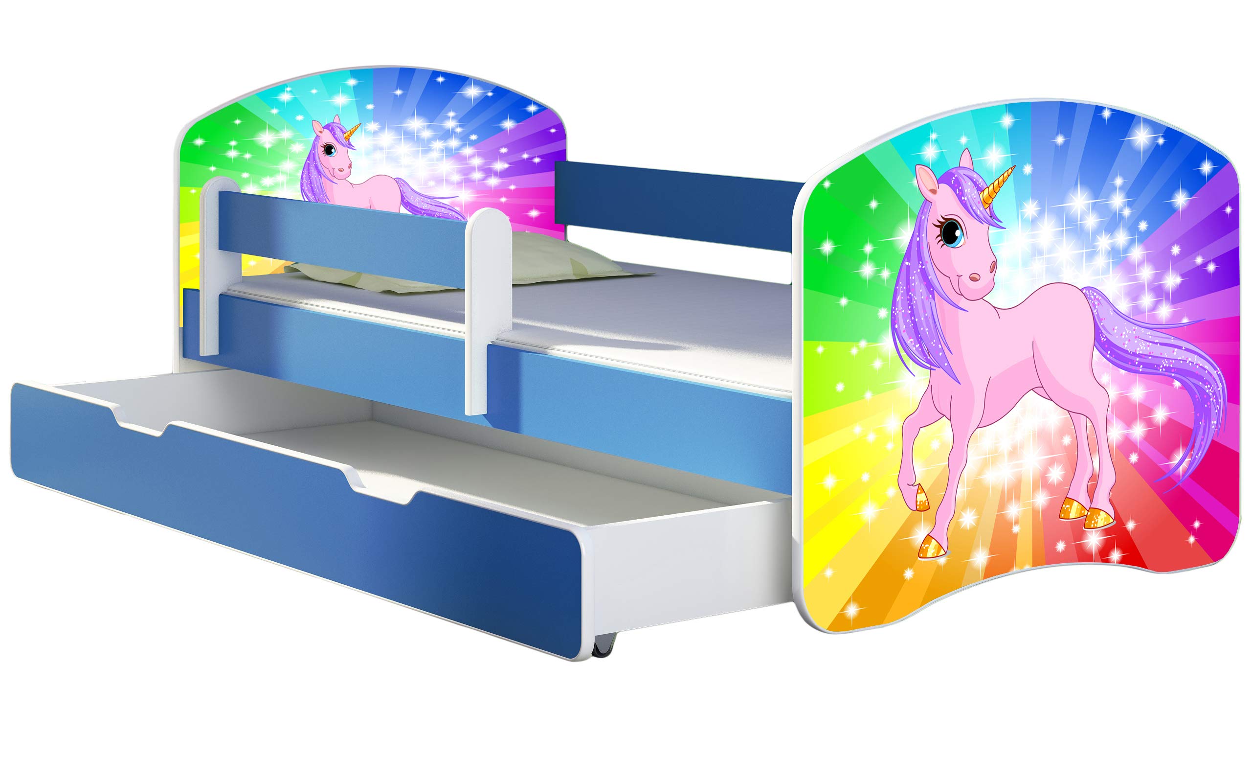 ACMA Kinderbett Jugendbett mit Einer Schublade und Matratze Blau mit Rausfallschutz Lattenrost II 140x70 160x80 180x80 (36 Feuerwehr, 160x80)