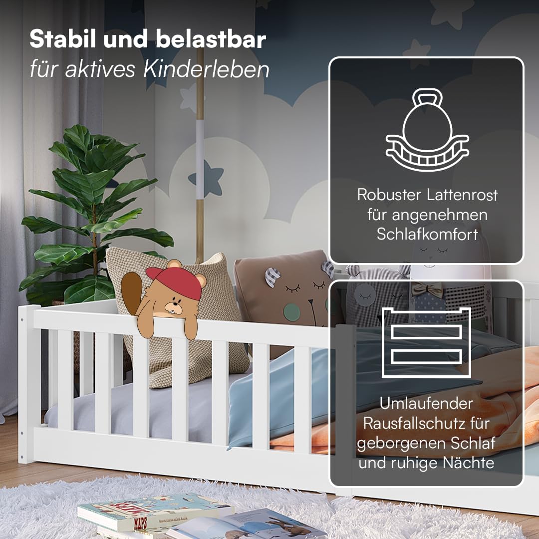 Bellabino Vere Bodenbett 140x200 cm – Montessori Kinderbett mit Rausfallschutz & Lattenrost – Massives Kinder Bett für Jungen & Mädchen aus Holz Kiefer – Kleinkindbett in Weiß
