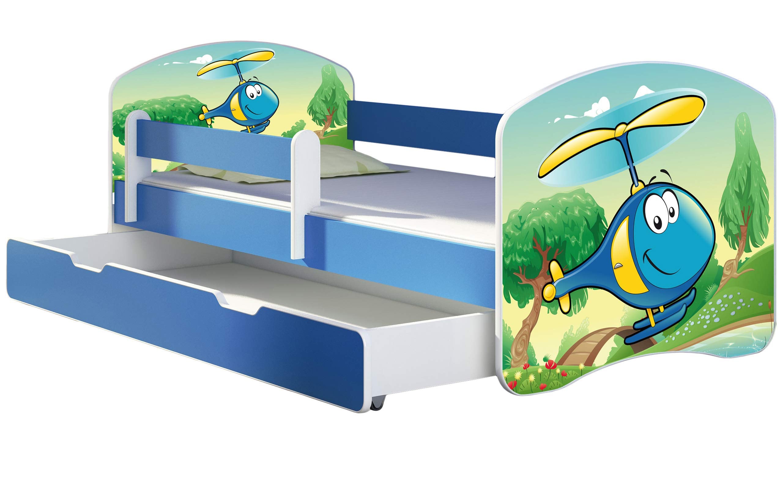 ACMA Kinderbett Jugendbett mit Einer Schublade und Matratze Blau mit Rausfallschutz Lattenrost II 140x70 160x80 180x80 (36 Feuerwehr, 160x80)