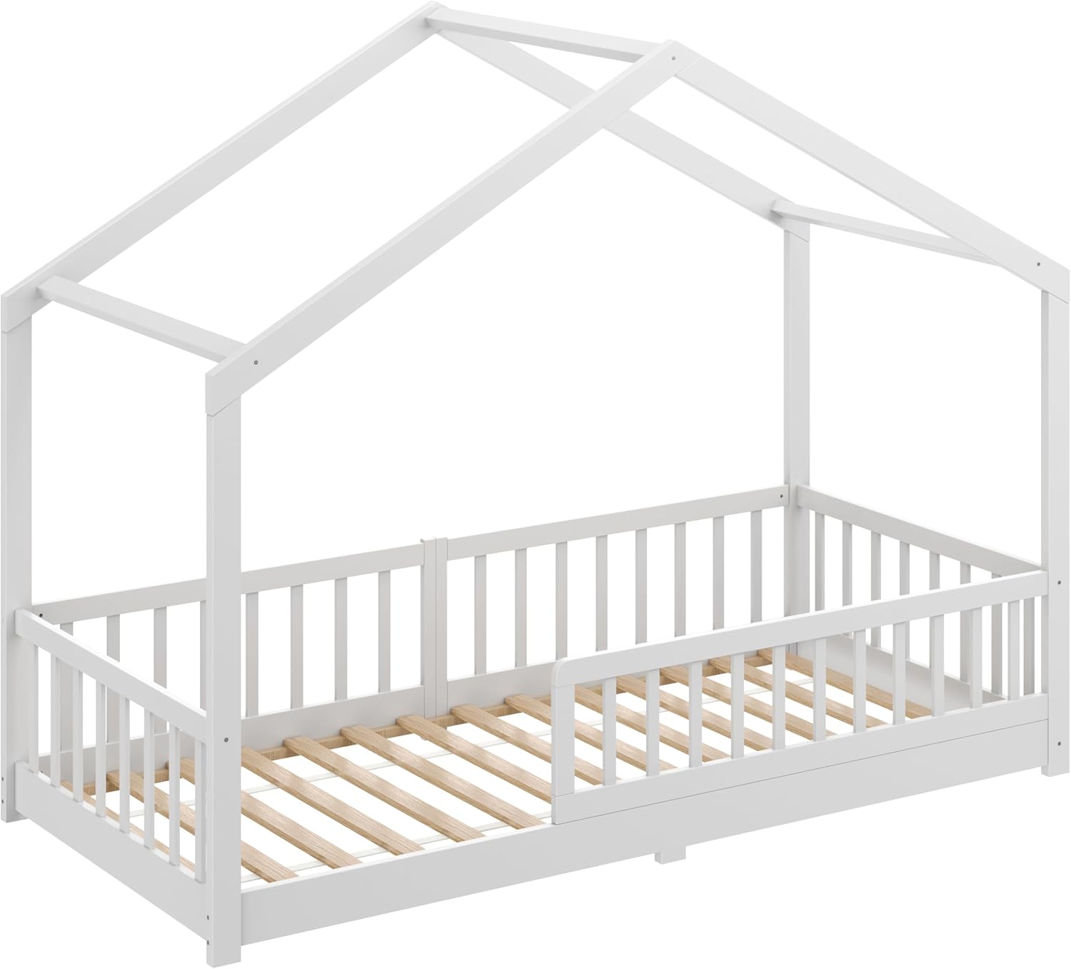 CADANI Malte Kinderbett 90x200 cm – Hausbett mit abnehmbarem Rausfallschutz, bis 200 kg belastbar, Roll-Lattenrost, Montessori Bodenbett aus Massivholz Kiefer, Weiß