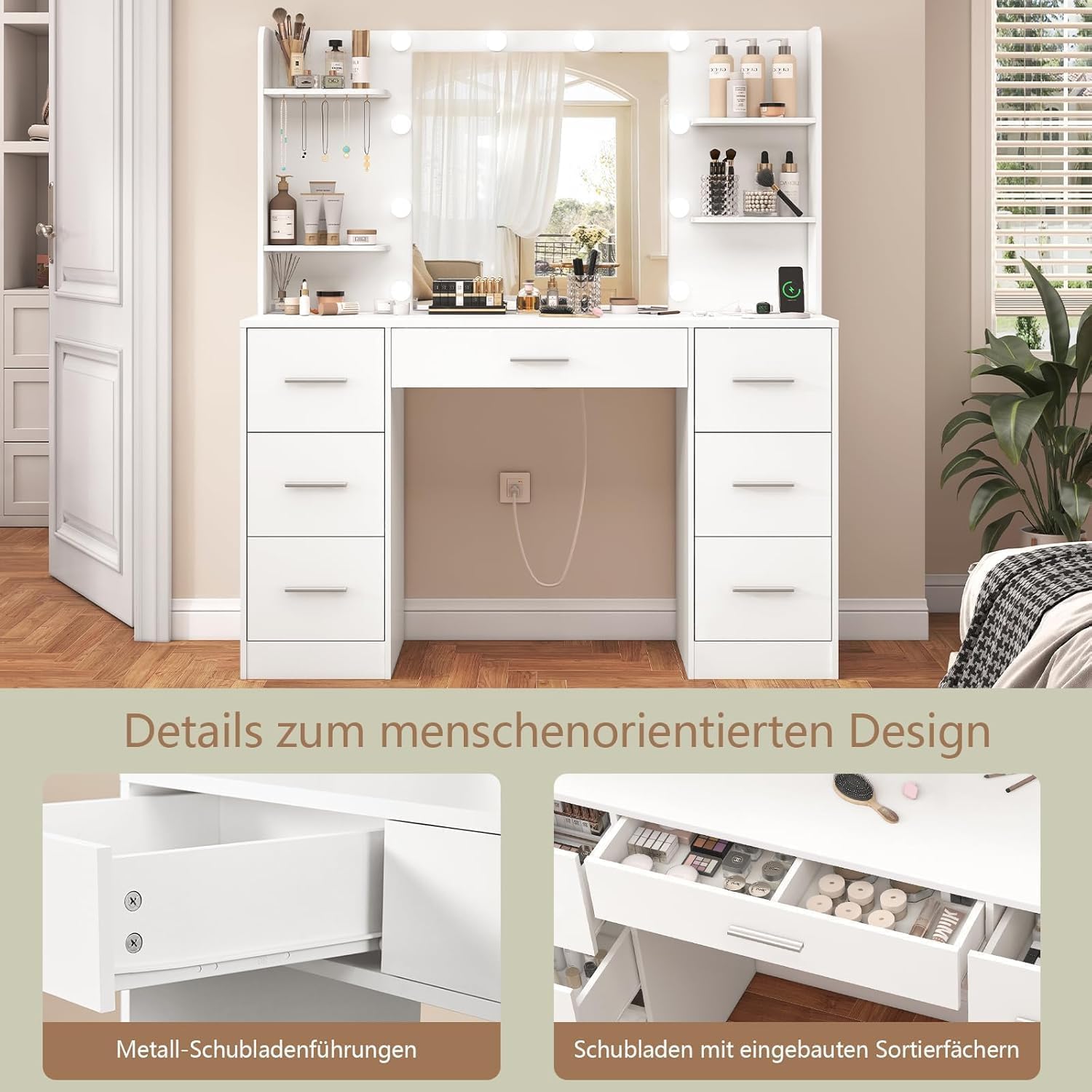 TEENFON Große Schminktisch mit verstellbaren LED-Beleuchtung und Steckdosen, Schminktisch mit Spiegel, 7 Schubladen, 4 offenen Ablagen und 5 Schmuckhaken für das Schlafzimmer, Weiß