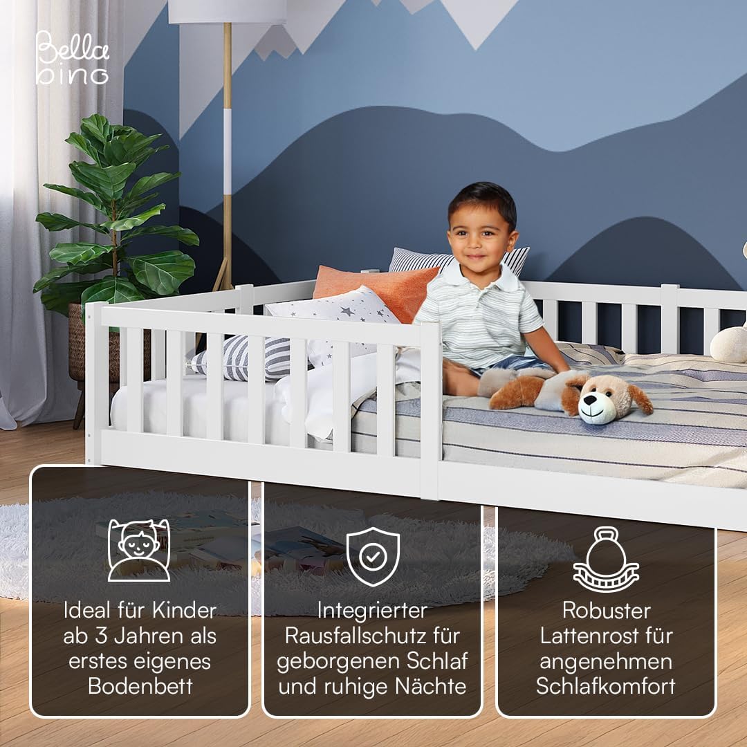 Bellabino Vere Bodenbett 120x200 cm – Montessori Kinderbett mit Rausfallschutz & Lattenrost, Massives Boden Bett für Jungen & Mädchen aus Holz Kiefer – Kleinkindbett in Weiß