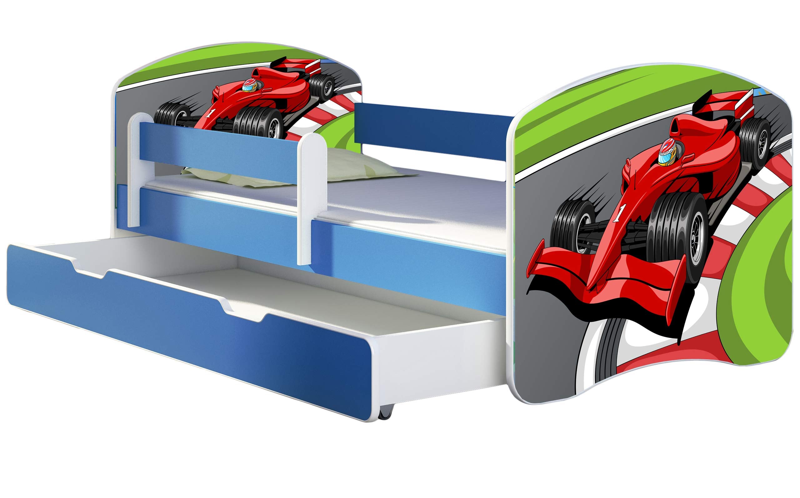 ACMA Kinderbett Jugendbett mit Einer Schublade und Matratze Blau mit Rausfallschutz Lattenrost II 140x70 160x80 180x80 (36 Feuerwehr, 160x80)