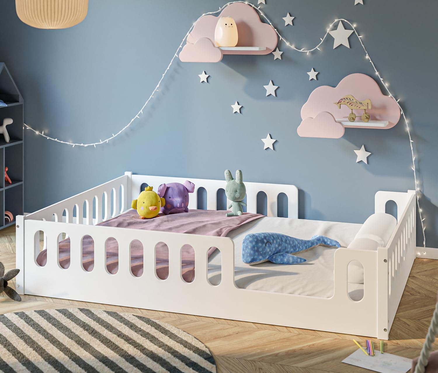 CADANI Monte 2in1 Bodenbett 140x200 cm Montessori Kinderbett Rausfallschutz abnehmbar - weiß, 46 kg schwer, bis 200 kg belastbar, extra starker Roll-Lattenrost, umbaubar