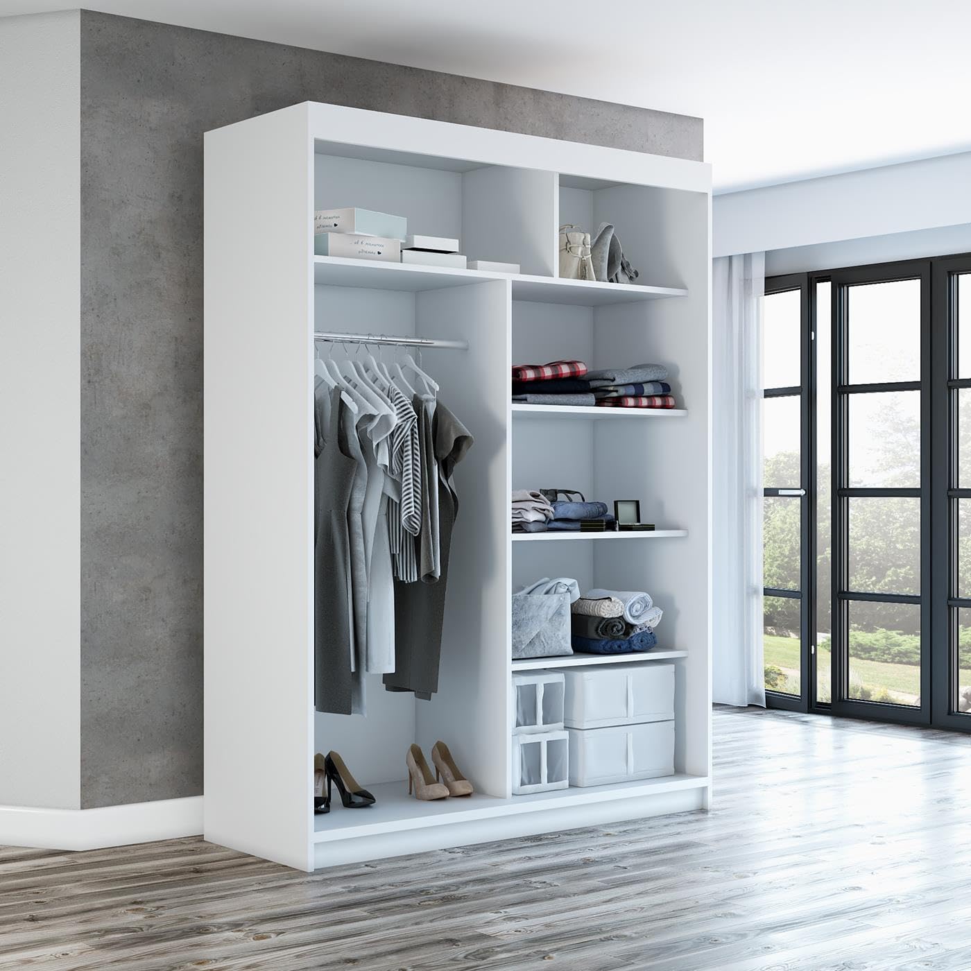 A&J MöbelLand Schwebetürenschrank GAPI Kleiderschrank 2-türig mit Spiegel, Garderobe 160 cm (Weiß/weiß/weiß)