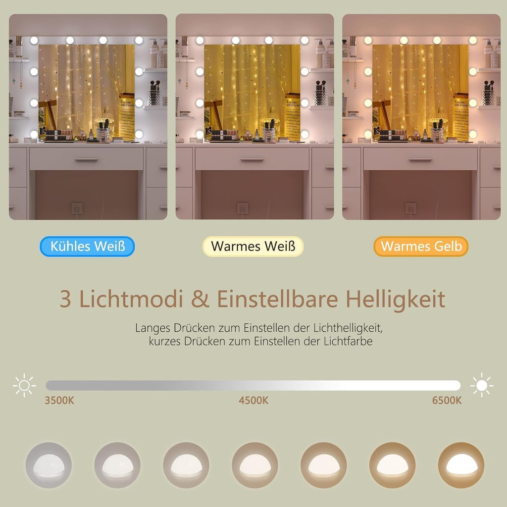 TEENFON Große Schminktisch mit verstellbaren LED-Beleuchtung und Steckdosen, Schminktisch mit Spiegel, 7 Schubladen, 4 offenen Ablagen und 5 Schmuckhaken für das Schlafzimmer, Weiß