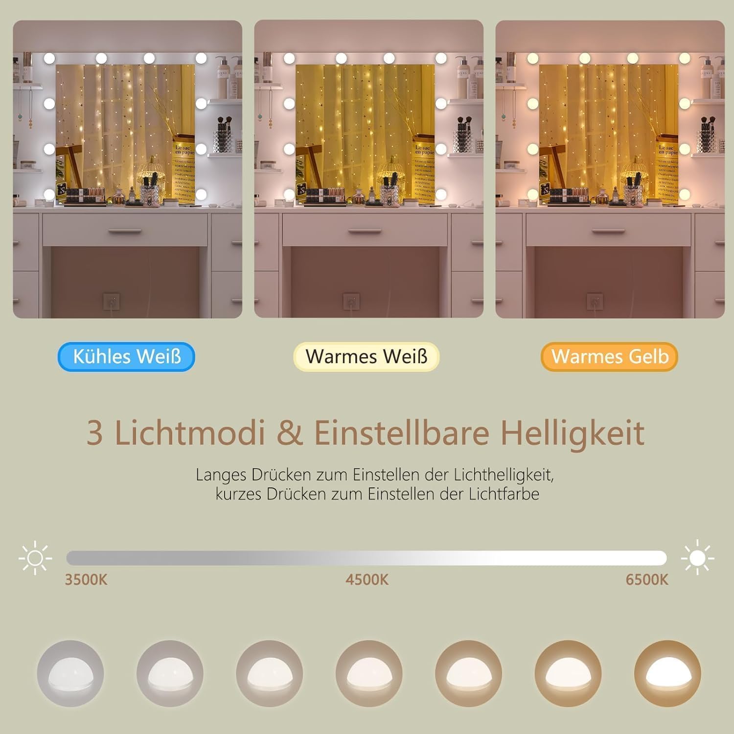 TEENFON Große Schminktisch mit verstellbaren LED-Beleuchtung und Steckdosen, Schminktisch mit Spiegel, 7 Schubladen, 4 offenen Ablagen und 5 Schmuckhaken für das Schlafzimmer, Weiß