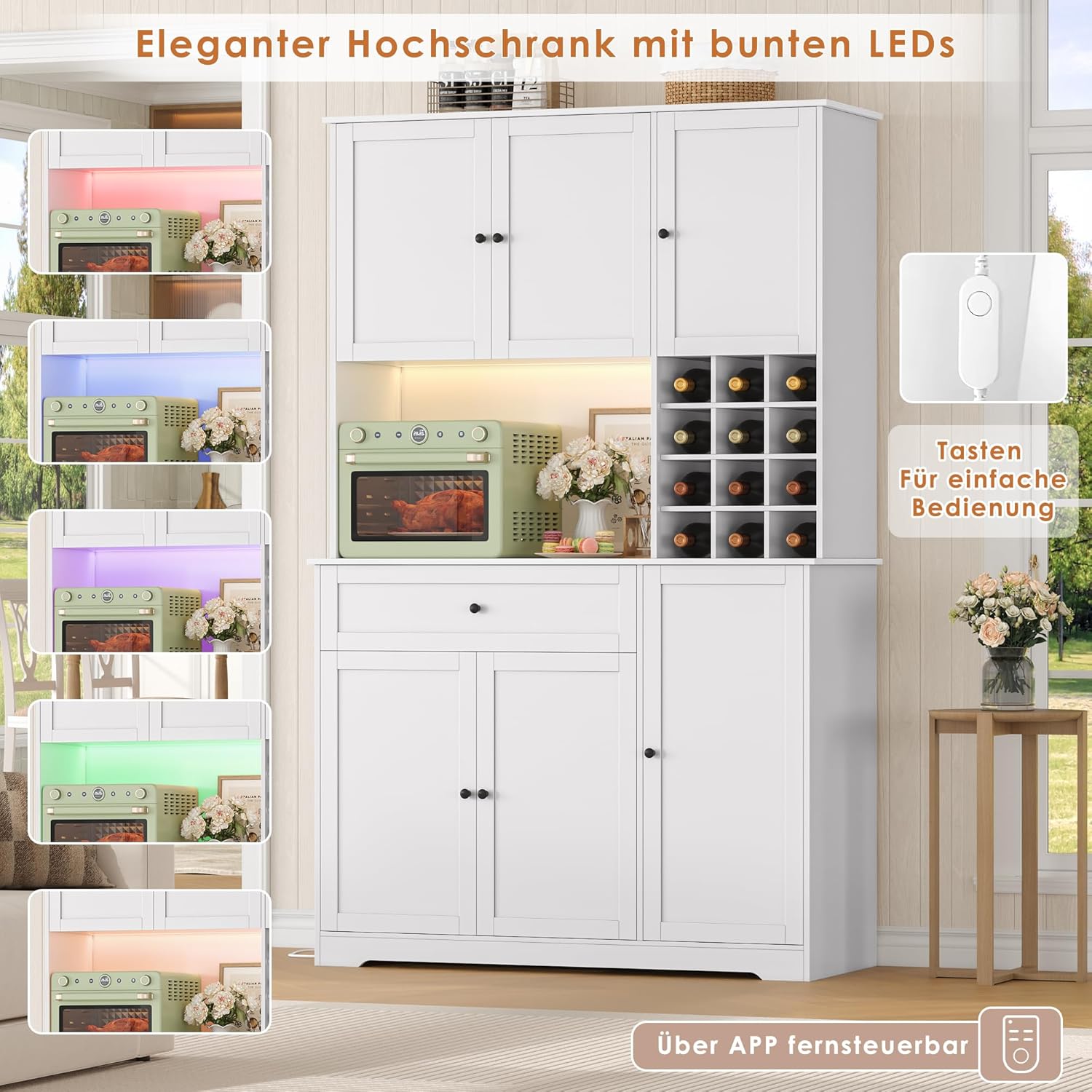 FirFurd Küchenschrank 180cm Buffetschrank mit LED Sideboard für Küche mit Steckdosenleiste Küchenschrank mit Arbeitsplatte & Weinregal für 12 Flaschen Küchenbuffet Küchenmöbel 180x100x39cm weiß