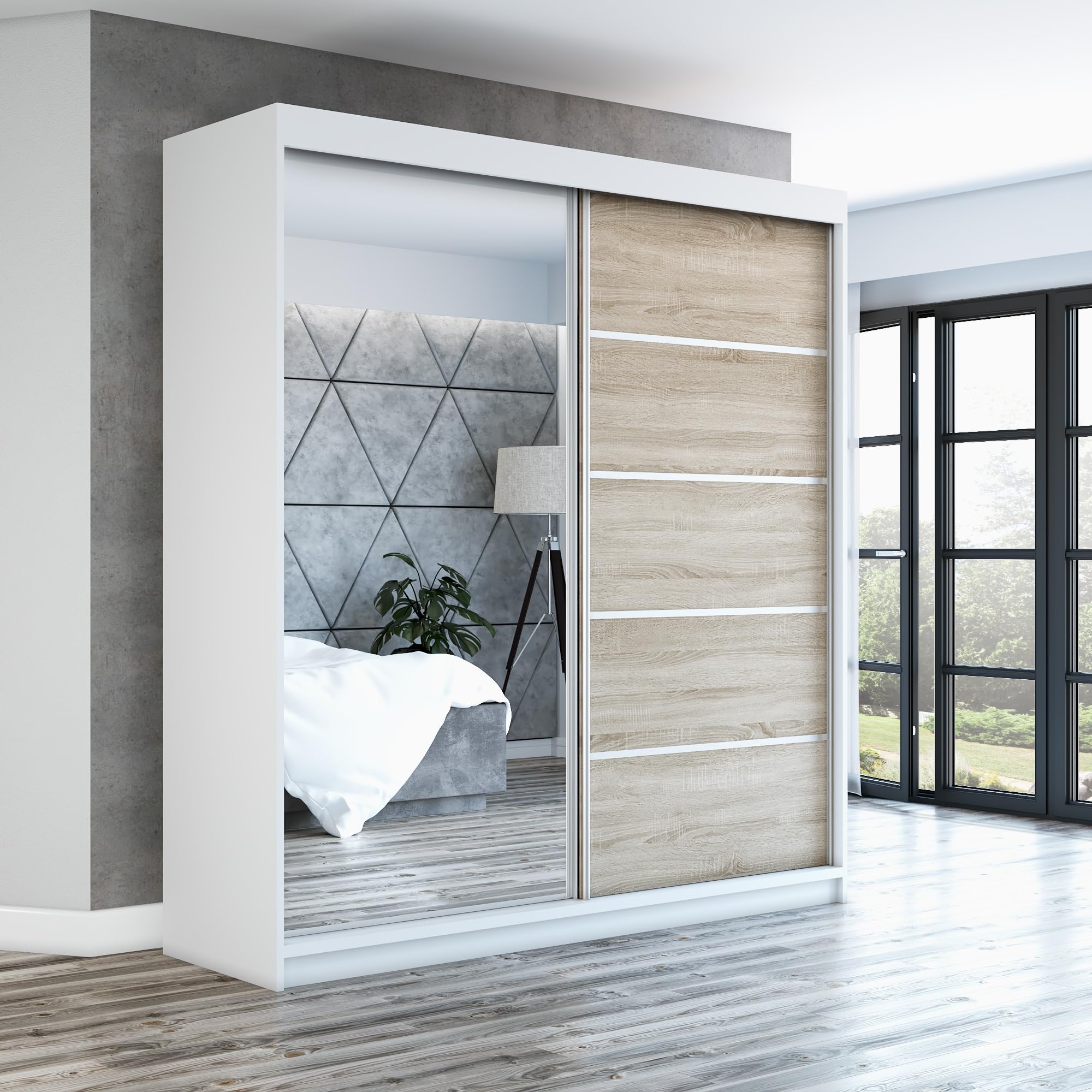 A&J MöbelLand Schwebetürenschrank GAPI Kleiderschrank 2-türig mit Spiegel, Garderobe 160 cm (Weiß/weiß/weiß)