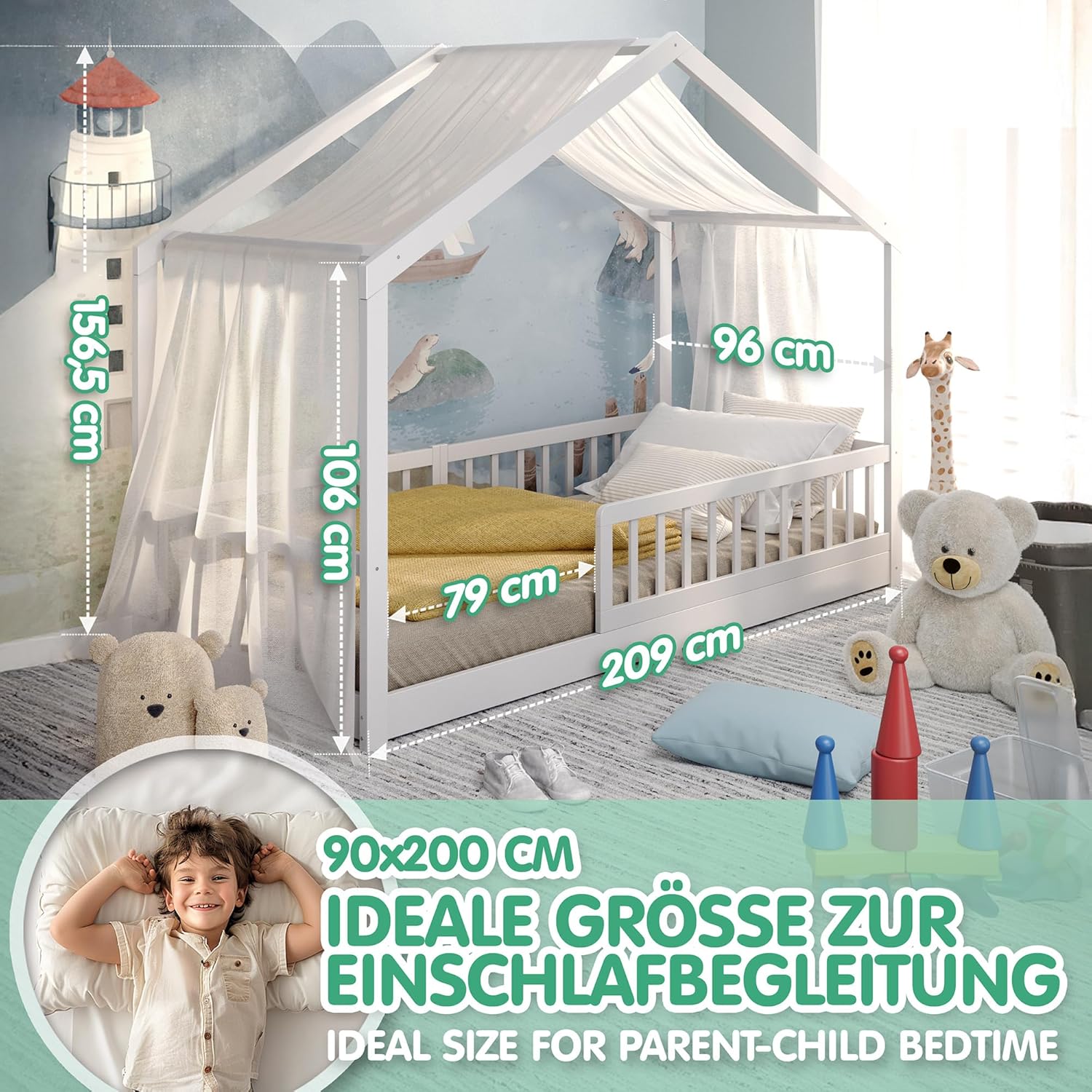 CADANI Malte Kinderbett 90x200 cm – Hausbett mit abnehmbarem Rausfallschutz, bis 200 kg belastbar, Roll-Lattenrost, Montessori Bodenbett aus Massivholz Kiefer, Weiß