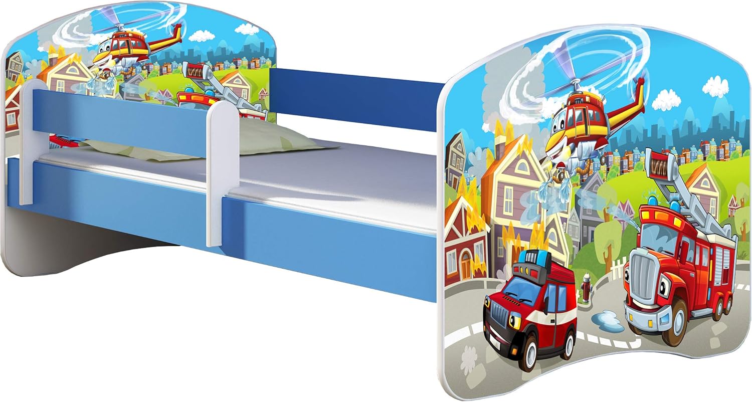 ACMA Kinderbett Jugendbett mit Einer Schublade und Matratze Blau mit Rausfallschutz Lattenrost II 140x70 160x80 180x80 (36 Feuerwehr, 160x80)