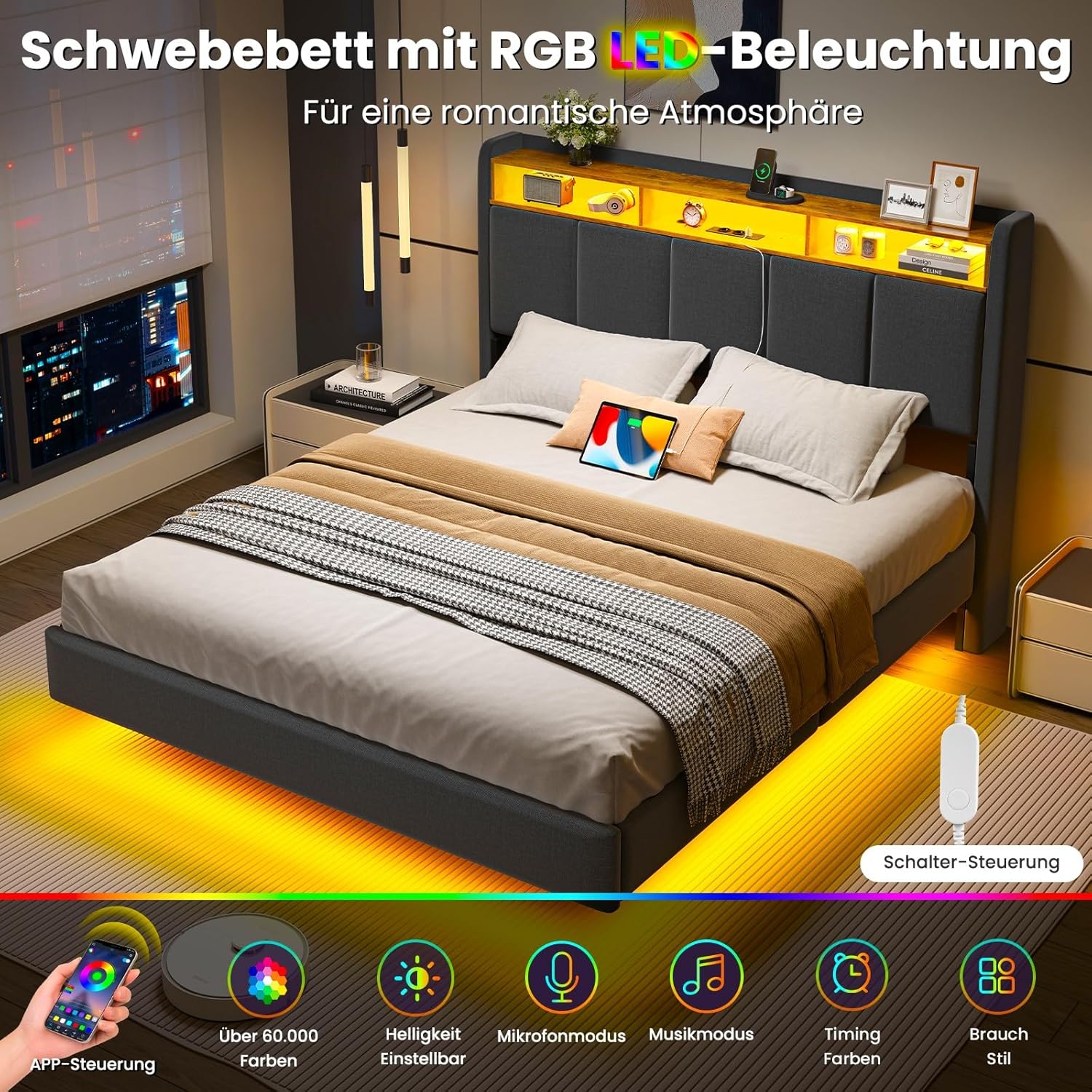 Polsterbett 140x200 cm Schwebebett mit LED-Beleuchtung, Kopfteil und Ladestation(2 AC-Steckdosen, 2 USB-Anschlüsse), Bett 140x200 mit Stauraum, Modern Doppelbett mit lattenrost, Leinen, Grau