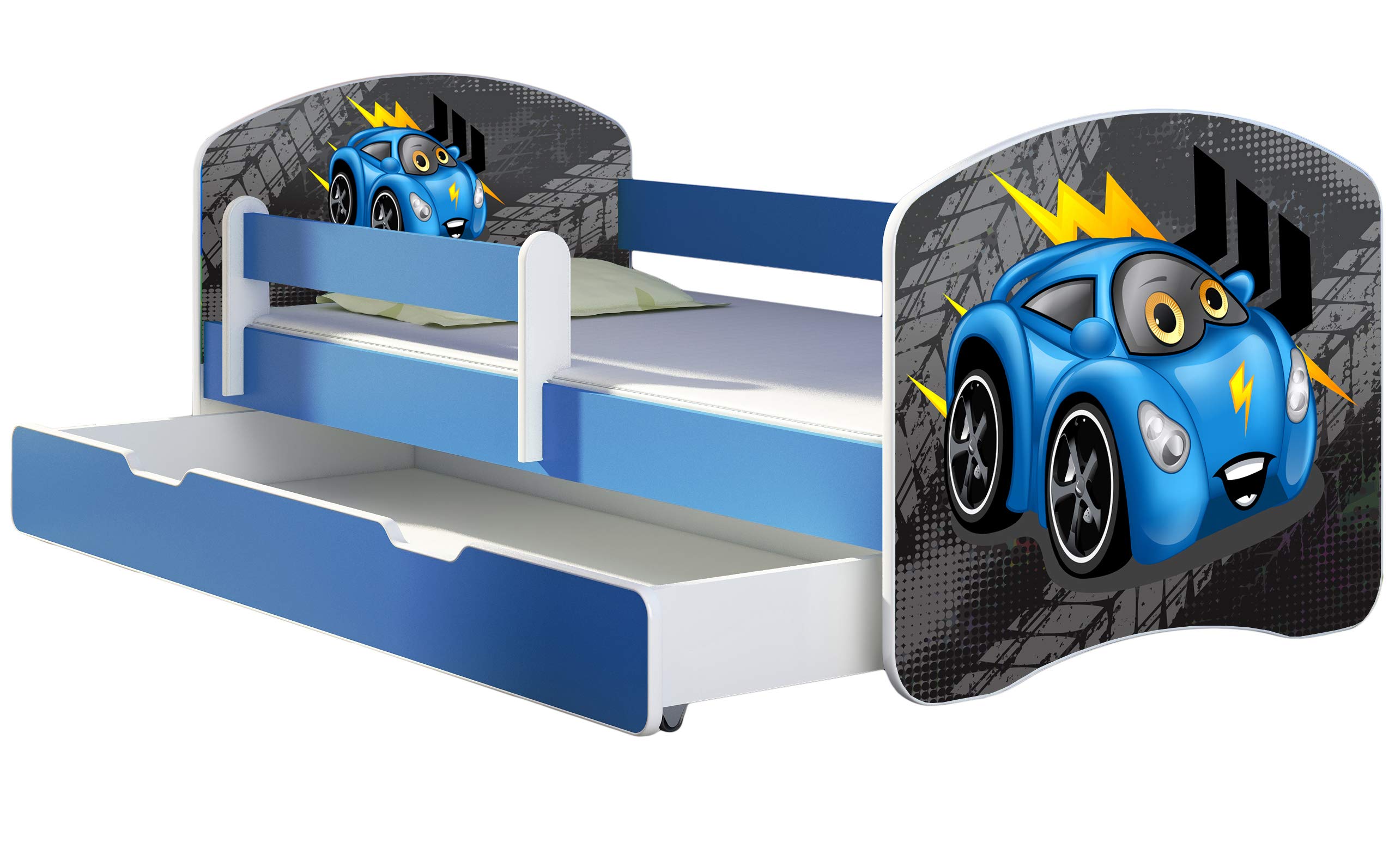 ACMA Kinderbett Jugendbett mit Einer Schublade und Matratze Blau mit Rausfallschutz Lattenrost II 140x70 160x80 180x80 (36 Feuerwehr, 160x80)