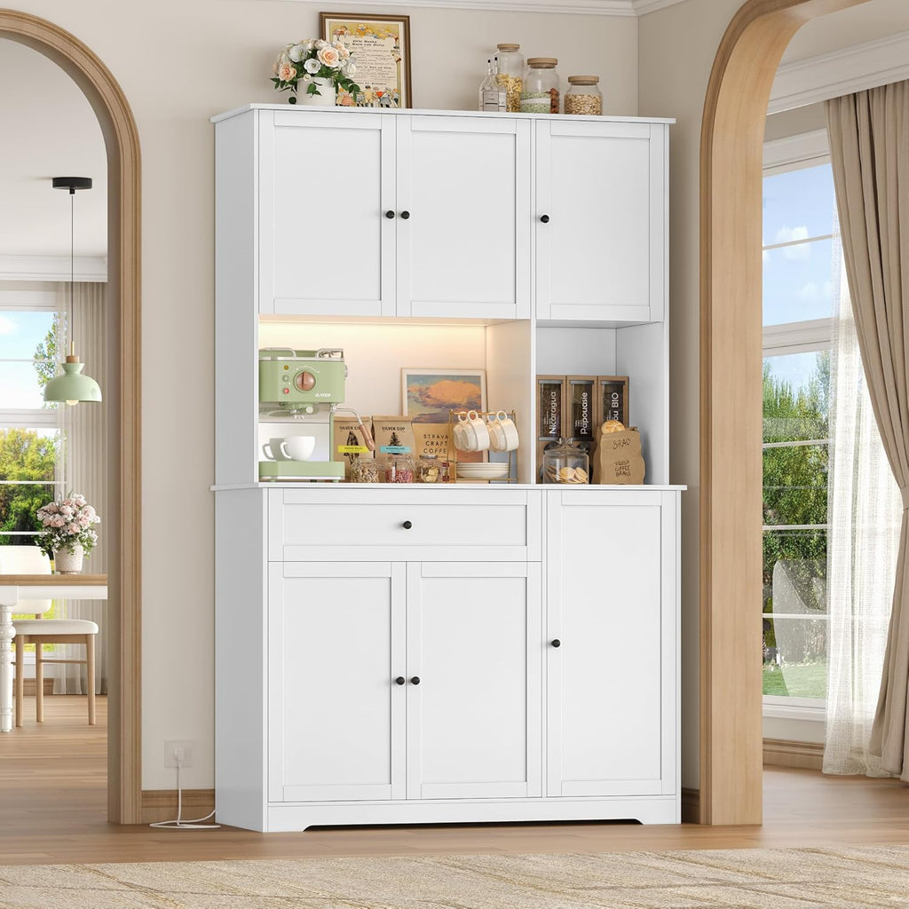 FirFurd Küchenschrank 180cm Buffetschrank mit LED Sideboard für Küche mit Steckdosenleiste Küchenschrank mit Arbeitsplatte & Weinregal für 12 Flaschen Küchenbuffet Küchenmöbel 180x100x39cm weiß