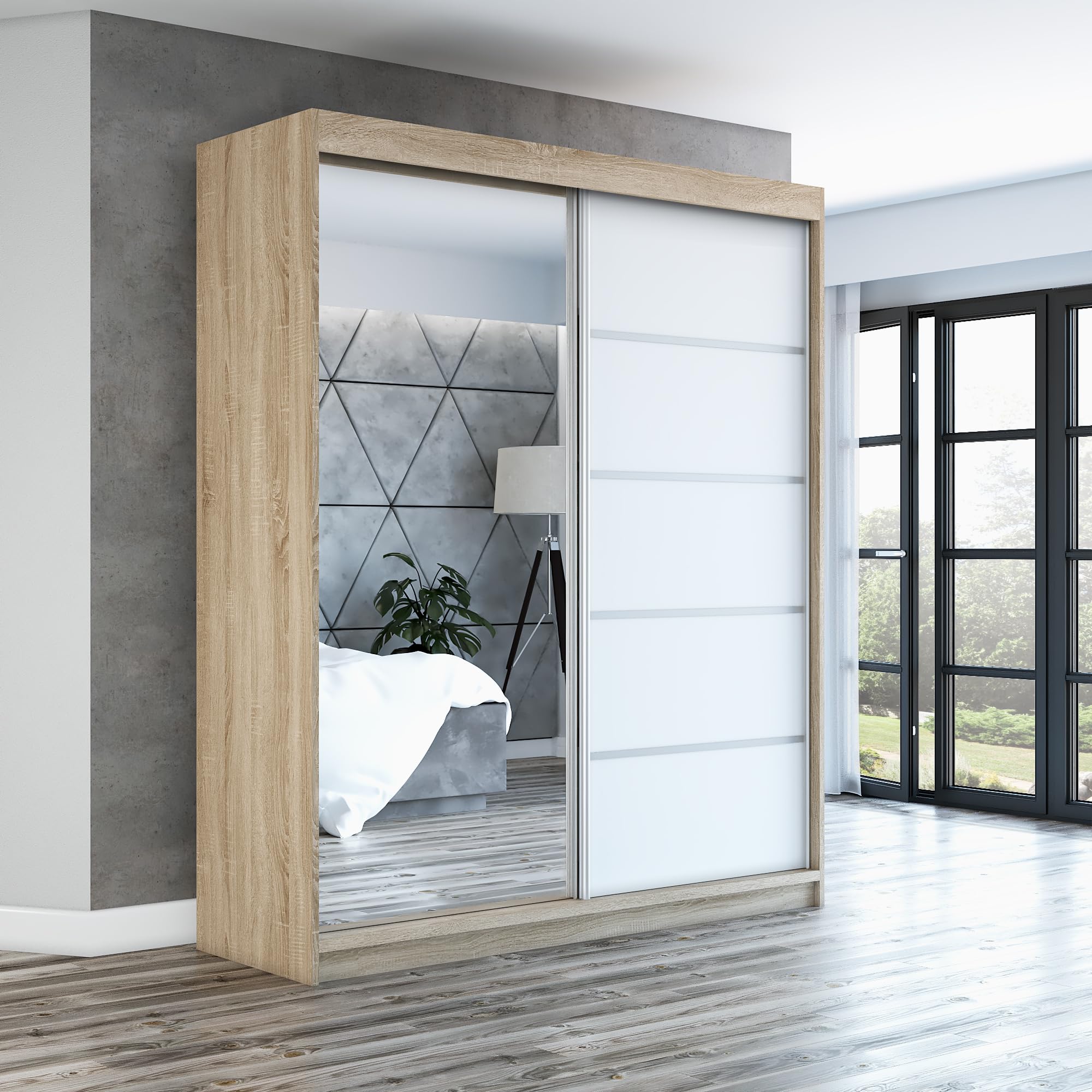 A&J MöbelLand Schwebetürenschrank GAPI Kleiderschrank 2-türig mit Spiegel, Garderobe 160 cm (Weiß/weiß/weiß)