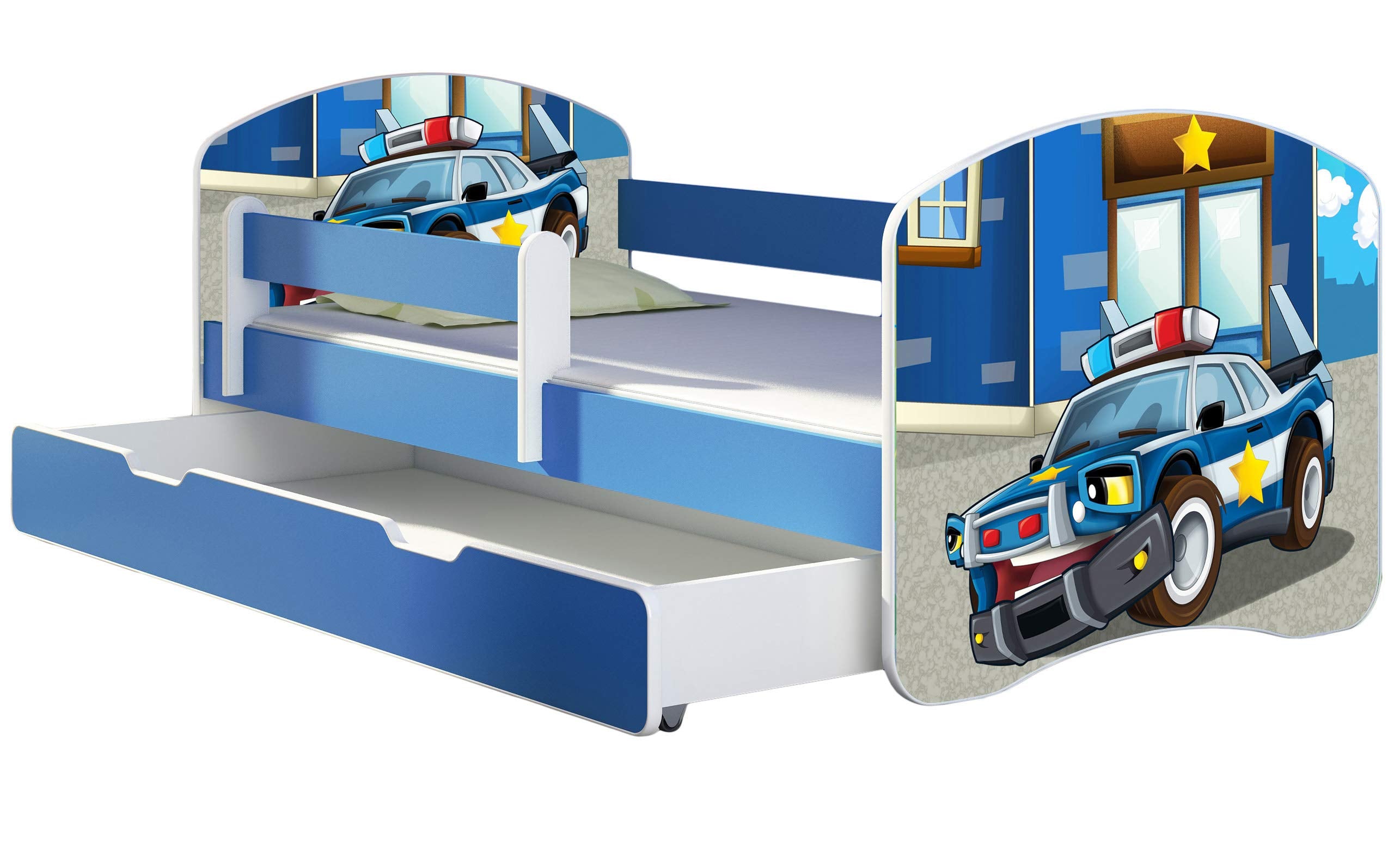 ACMA Kinderbett Jugendbett mit Einer Schublade und Matratze Blau mit Rausfallschutz Lattenrost II 140x70 160x80 180x80 (36 Feuerwehr, 160x80)