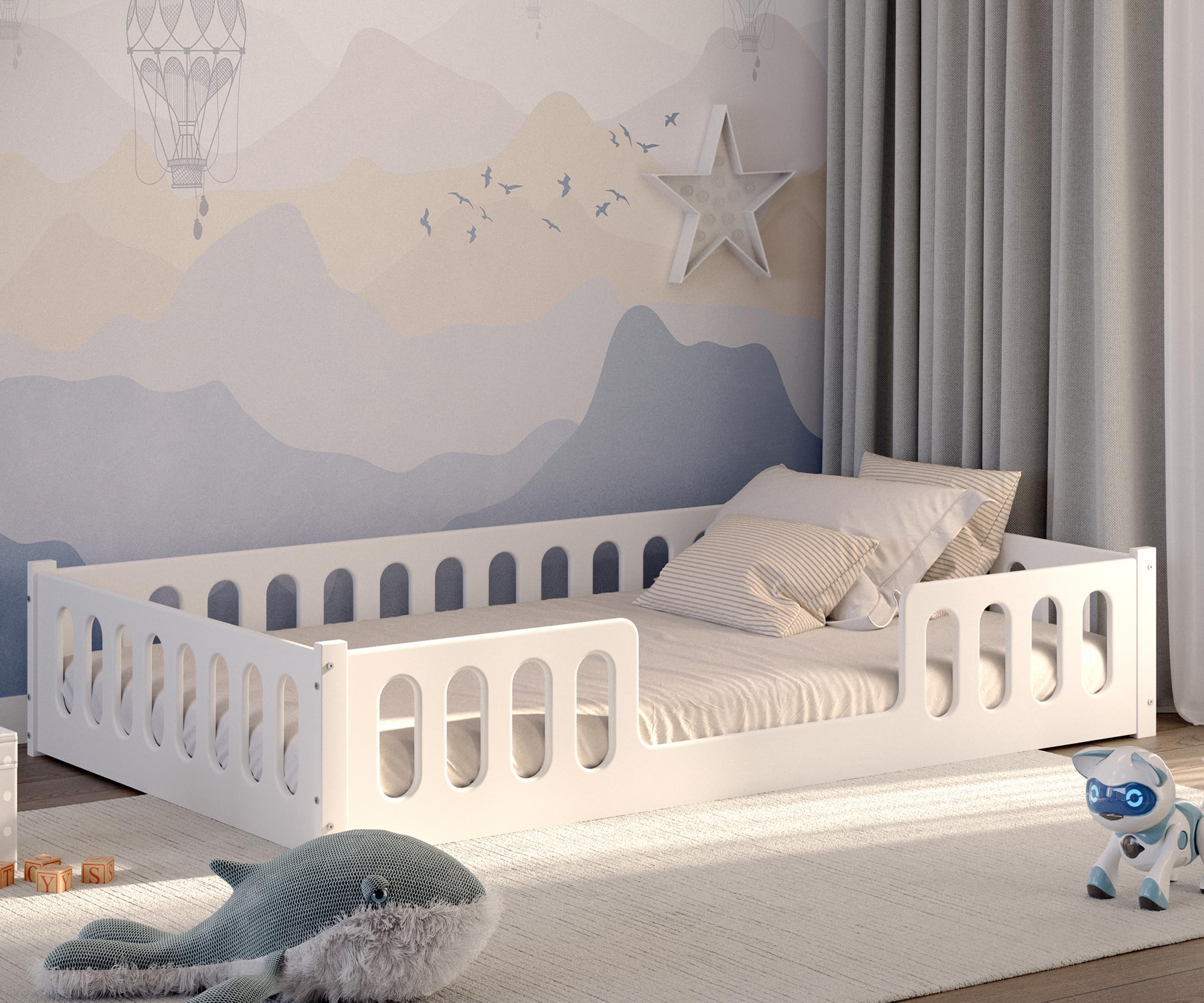 CADANI Monte 2in1 Bodenbett 140x200 cm Montessori Kinderbett Rausfallschutz abnehmbar - weiß, 46 kg schwer, bis 200 kg belastbar, extra starker Roll-Lattenrost, umbaubar