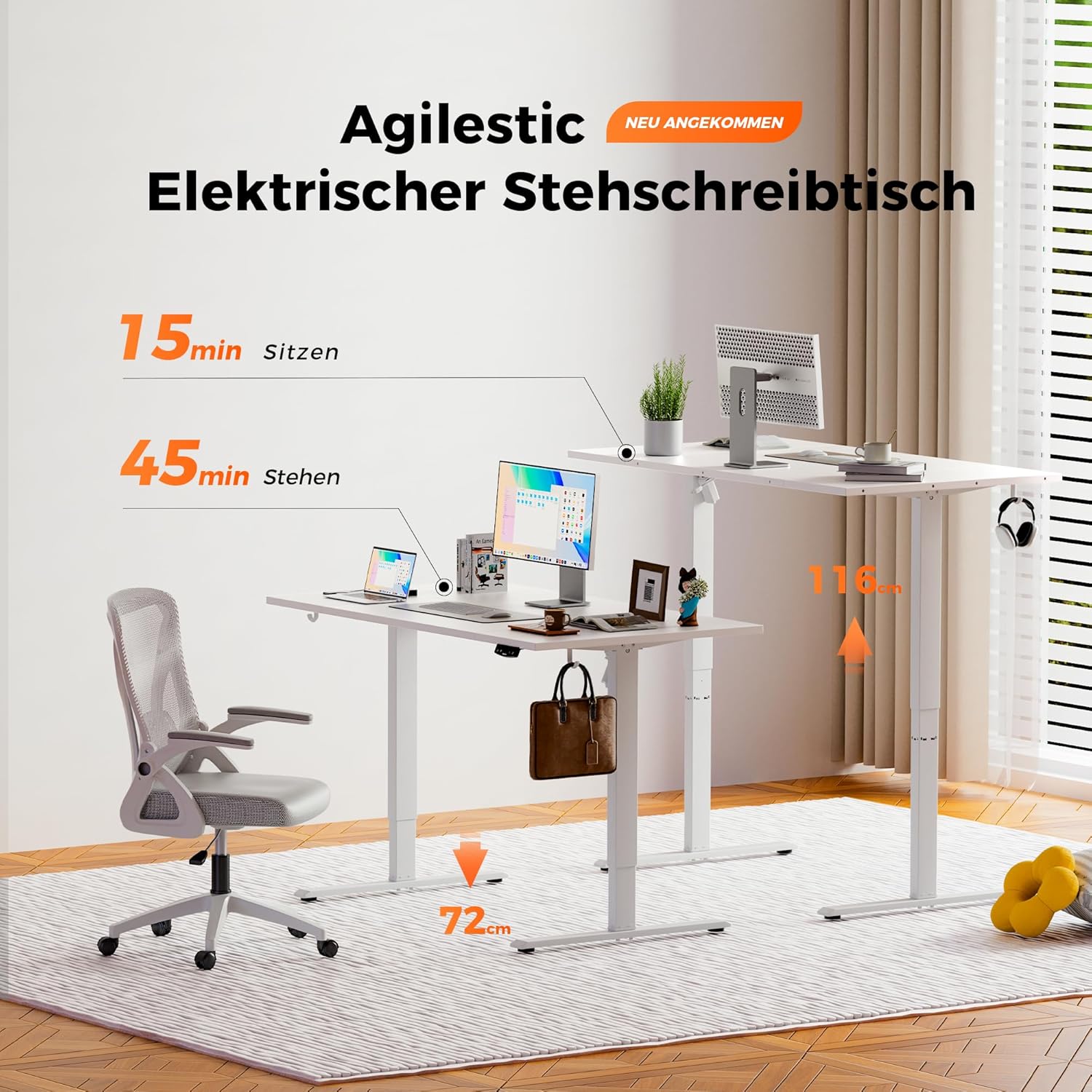 Agilestic Elektrisch Höhenverstellbarer Schreibtisch 120x80 cm, Sitz-Steh Stehpult mit Memory-Funktion, Höhenverstellbarer Computertisch, Gaming-Schreibtisch mit Vierteiliger Tischplatte,Weiß