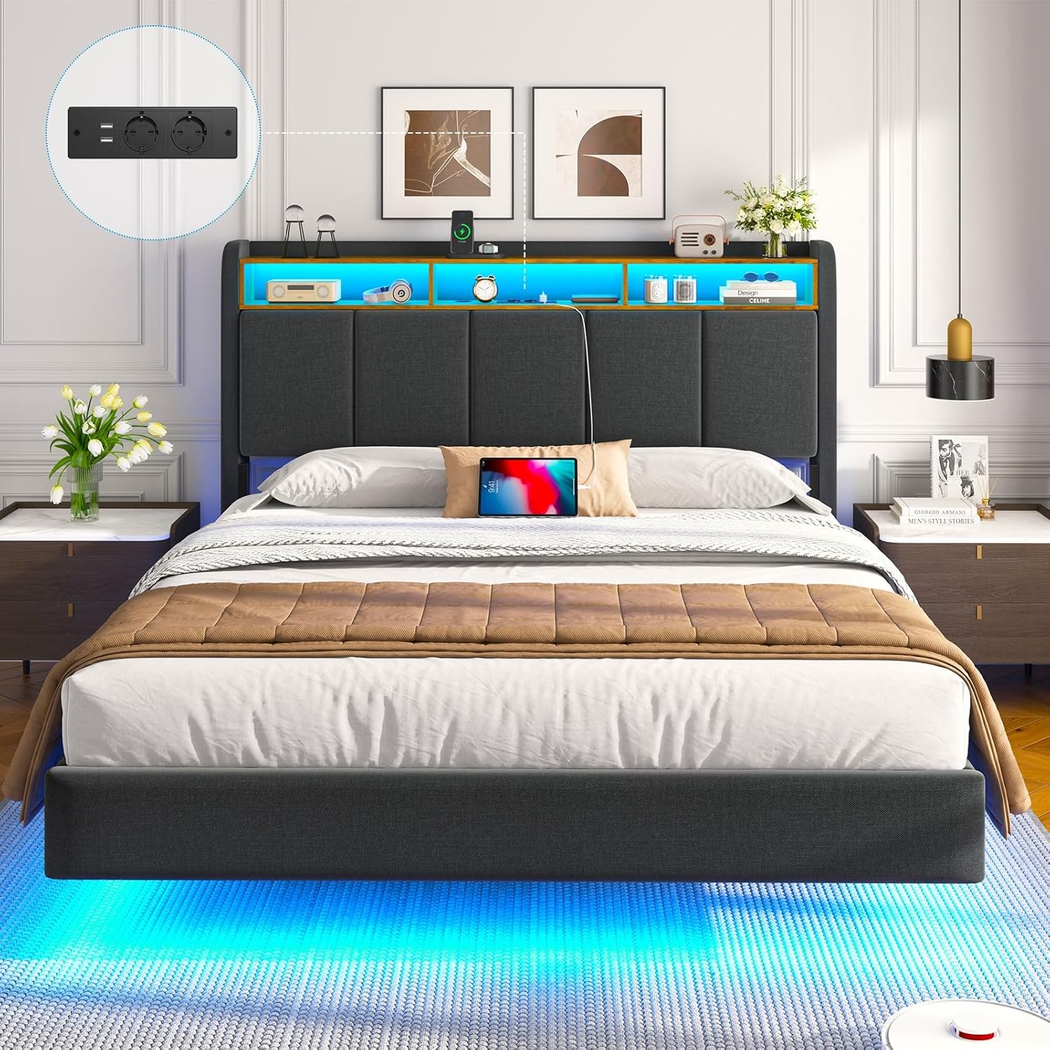 Polsterbett 140x200 cm Schwebebett mit LED-Beleuchtung, Kopfteil und Ladestation(2 AC-Steckdosen, 2 USB-Anschlüsse), Bett 140x200 mit Stauraum, Modern Doppelbett mit lattenrost, Leinen, Grau
