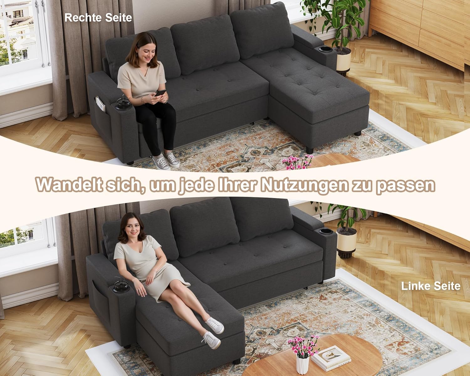 Devoko Ecksofa mit Schlaffunktion und Bettkasten 3 Sitzer Schlafsofa Ausziehbar L Form Couch klein Schlafcouch Wohnlandschaft für Wohnung und Wohnzimmer Dunkelgrau