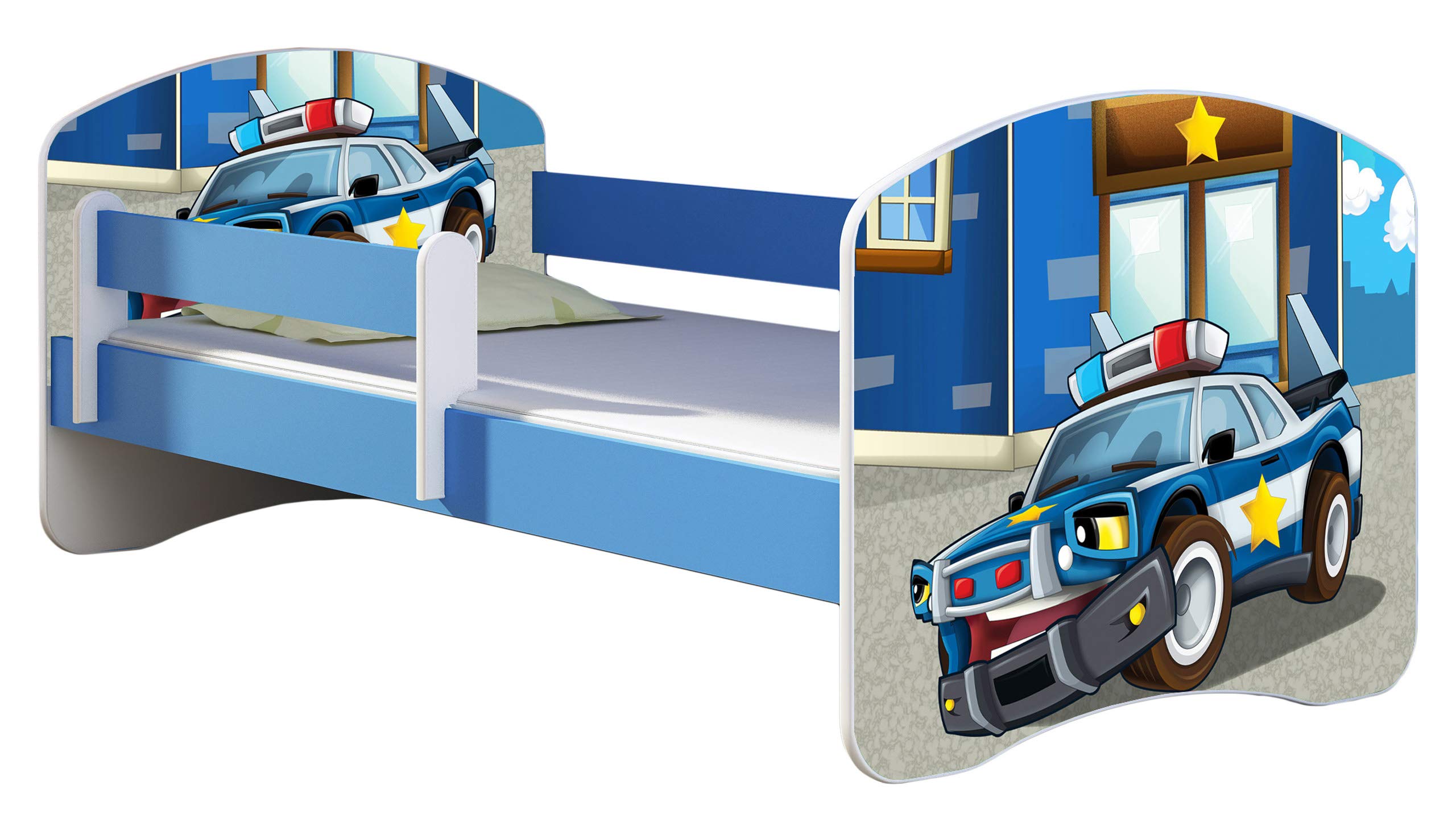 ACMA Kinderbett Jugendbett mit Einer Schublade und Matratze Blau mit Rausfallschutz Lattenrost II 140x70 160x80 180x80 (36 Feuerwehr, 160x80)