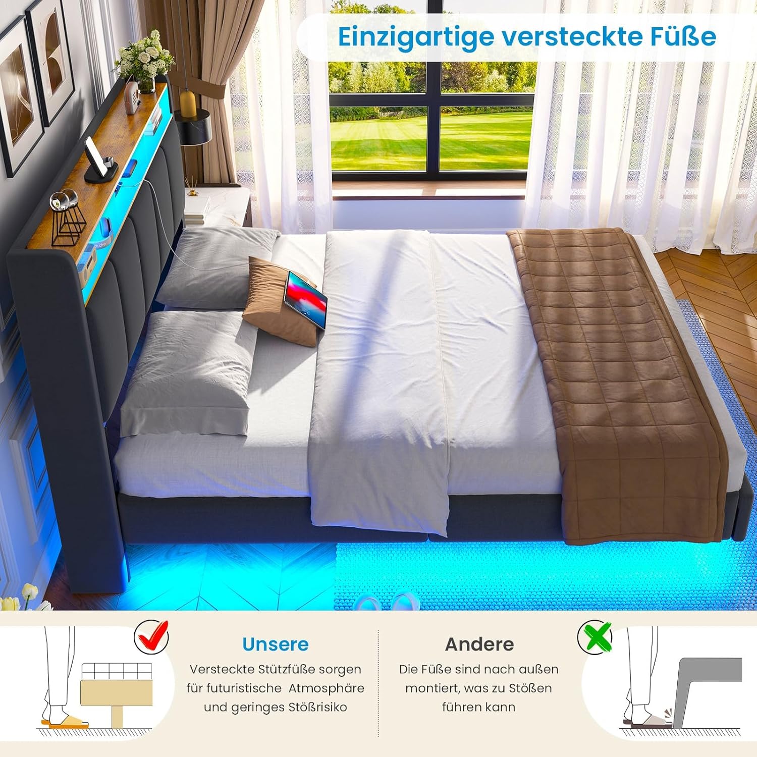 Polsterbett 140x200 cm Schwebebett mit LED-Beleuchtung, Kopfteil und Ladestation(2 AC-Steckdosen, 2 USB-Anschlüsse), Bett 140x200 mit Stauraum, Modern Doppelbett mit lattenrost, Leinen, Grau