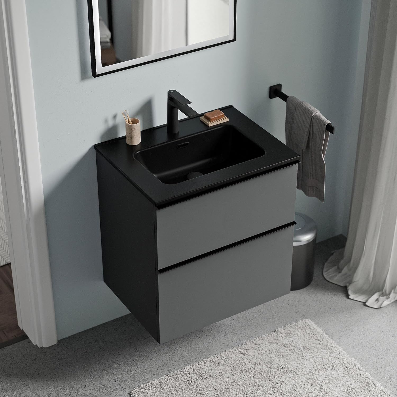 BERNSTEIN Badmöbel-Set Lavoa 60 cm bestehend aus Waschbecken und Unterschrank mit 2 Schubladen, Waschbeckenunterschrank in Anthrazit, Griffe in Schwarz - 5 Jahre Garantie - Waschtisch in Schwarz matt
